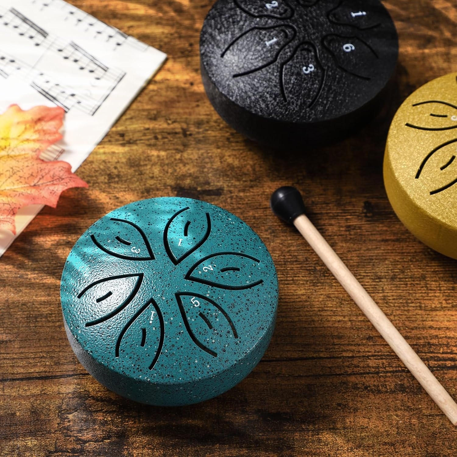Facmogu Steel Tongue Drum for Outside, 3 Inch 6 Notes Chakra Drum for Outdoor Use, Mini Handpan Drum for Sound Bath, Musical Education Entertainment Meditation Yoga Zen Gifts - Green (Leaf Pattern) image number 3