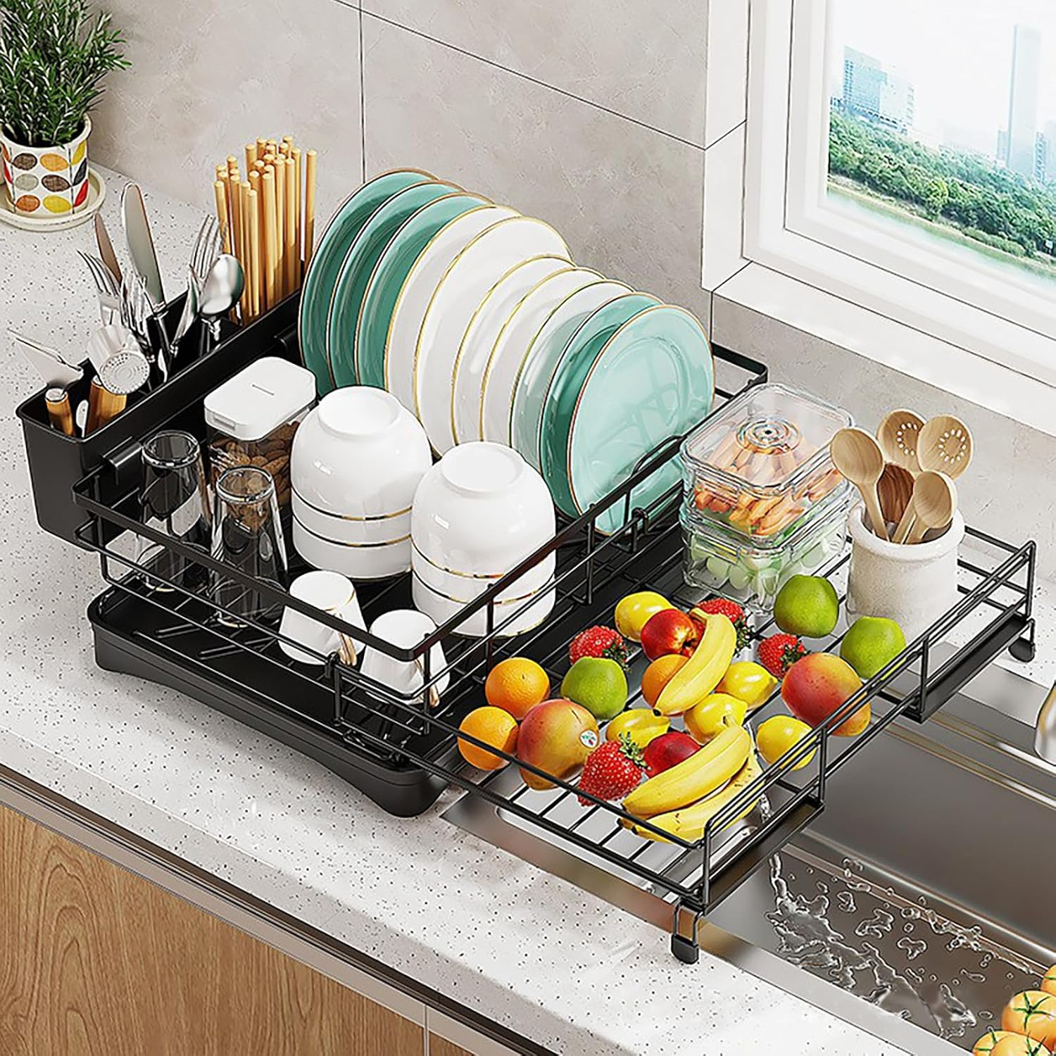Dish Drying Rack, Expandable Dish Racks for Kitchen Counter and Sink, Drying Rack Dish Drainer with Cutlery Holder for Kitchen Storage & Organisation image number 6