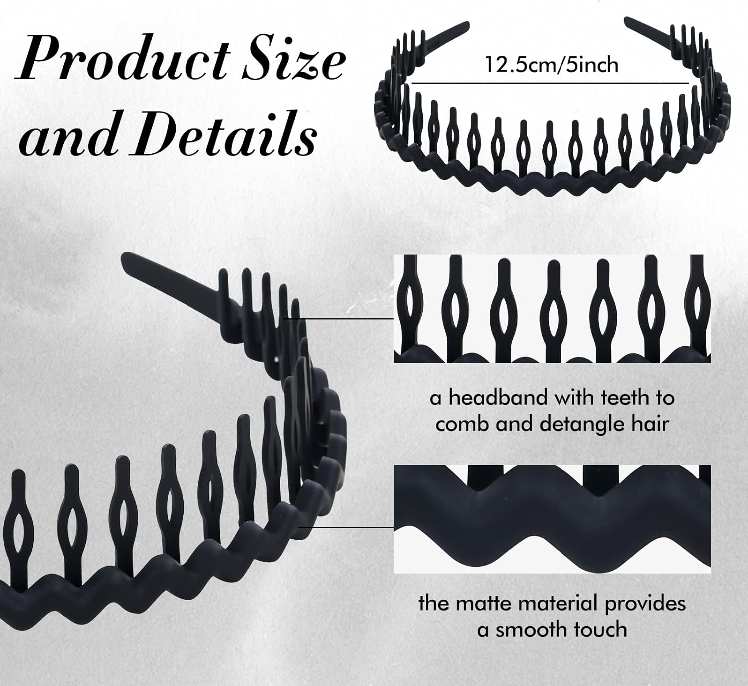 Cinaci Pack of 6 Non-Slip Sports Black Wavy Matte Plastic Headbands with Teeth Comb Elastic Thin Hair Bands Accessories for Women Men Girls Teens Children image number 3