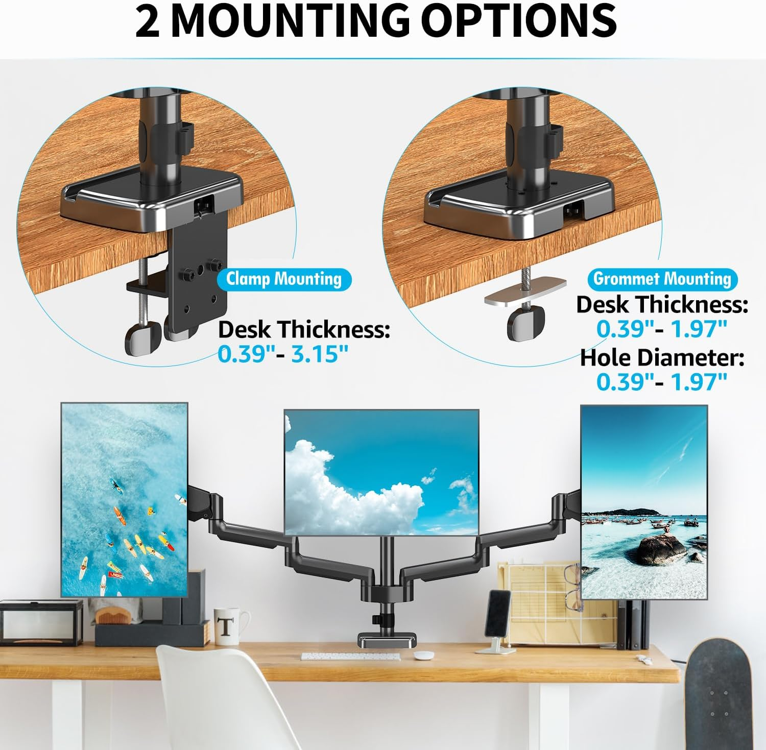 MOUNTUP Triple Monitor Stand Mount - 3 Monitor Desk Mount for Computer Screens up to 27 Inch, Triple Monitor Arm with Gas Spring, Heavy Duty Monitor Stand, Each Arm Holds up to 19.8 Lbs, MU0006 image number 6