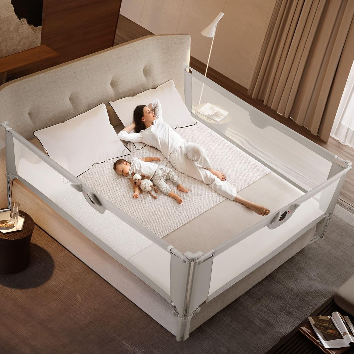 KIDBOT Bed Rail Side Toddler Bedrail Folding Safety Guard Baby Child Cot Fence Barrier Fall Protection 3Pcs 100Cm Height Adjustable Koala Design image number 1