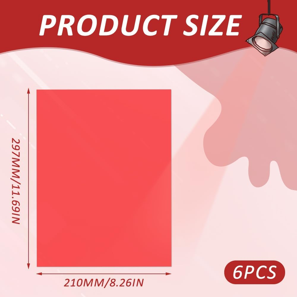 Zozomaiy 6 Pieces Lighting Gels Filter, Colored Overlays Light Gels Sheets, Red Transparent Film, Plastic Light Filters Film, for Photo Studio Strobe Flash LED Video Light DJ Light, 29.7X21Cm image number 2