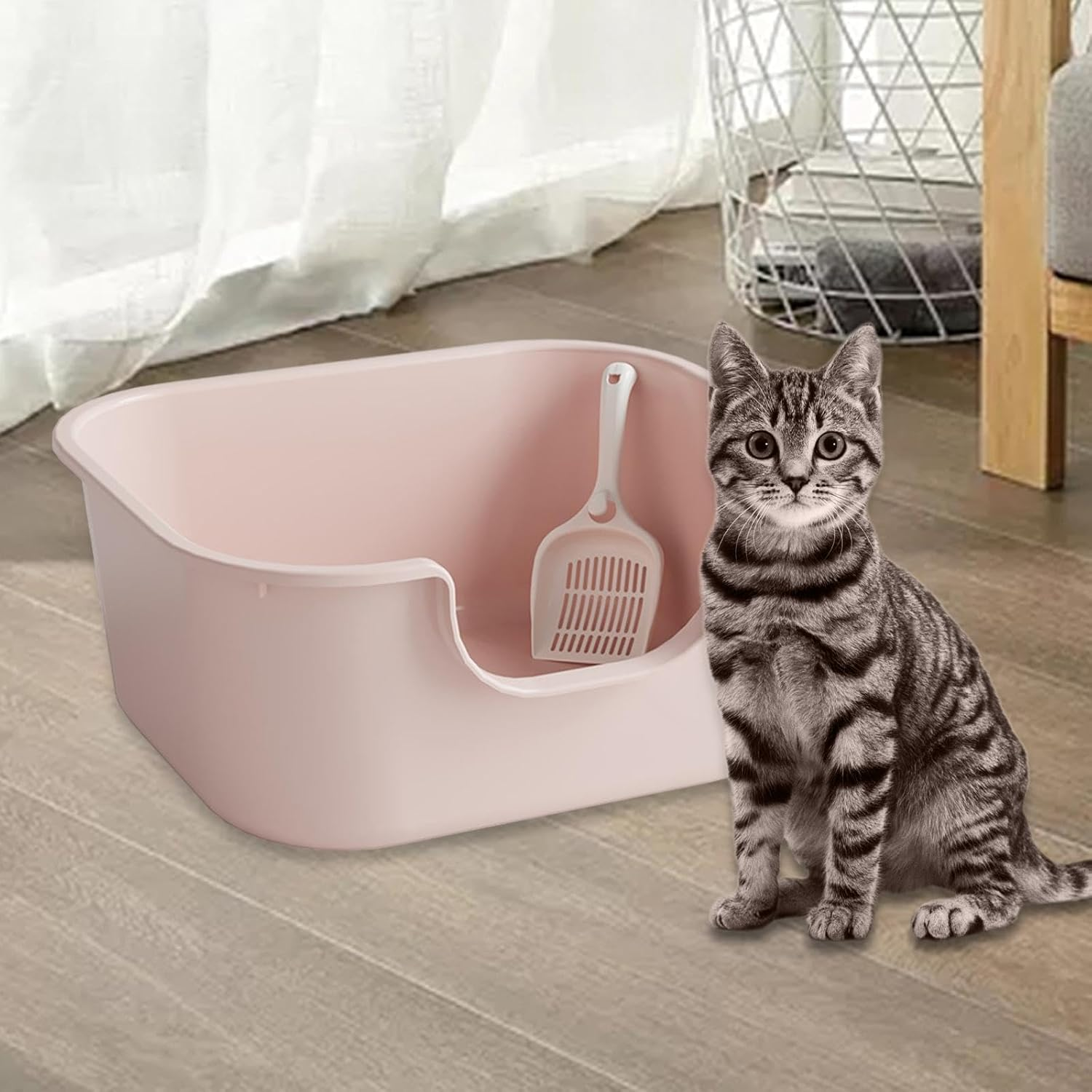 Leefasy Cat Litter Basin Cat Litter Box with High Side Splashproof Kitty Litter Pans Open Top Pet Litter Tray for Small and Large Cats, Pink image number 1