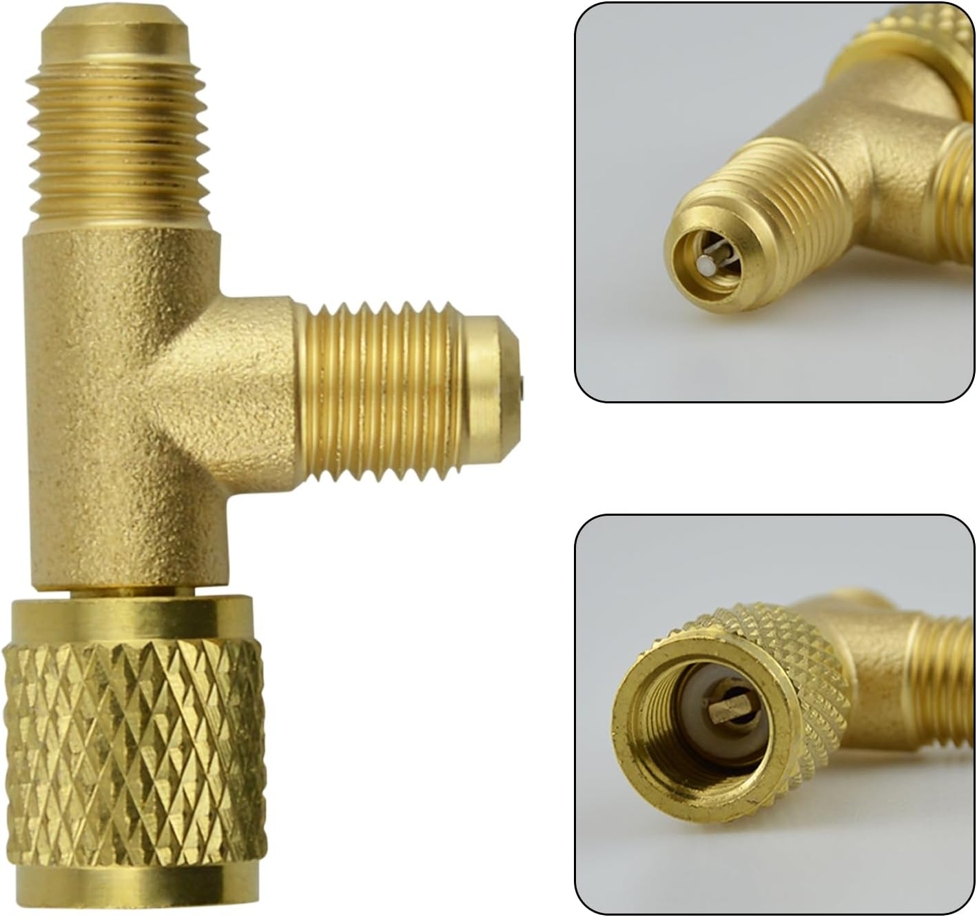Quick Coupler Tee Adapter, 2 Pcs Brass Refrigerant Tee Adapter 1/4 Inch SAE Valves Core Tee Adapter Durable Air Conditioning Line Repair Tools for R22 R12 R134 Refrigerant Gauge Deep Vacuum Pump image number 2
