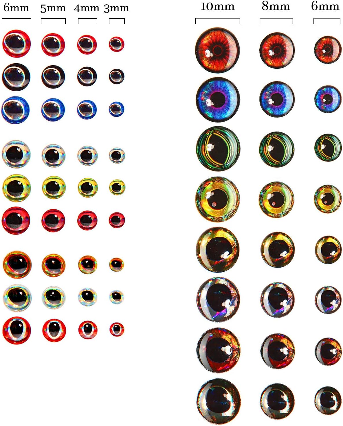 Gejoy 1242 Pieces 3D 4D Fishing Eyes Oval Fishing Lure Eyes Realistic Fishing Eye for Making Fishing Bait Fly Tying Streamers Lures Crafts (6 Sizes: 3 Mm/ 4 Mm/ 5 Mm/ 6 Mm/ 8 Mm/ 10 Mm)