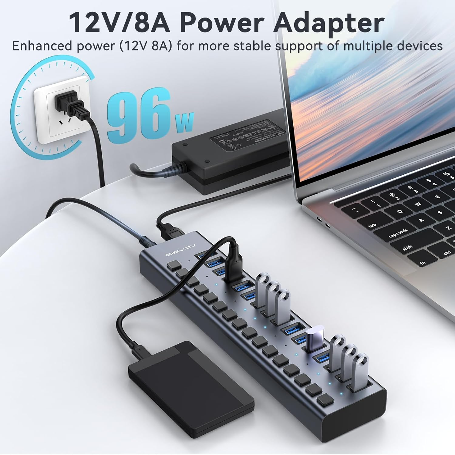 Powered USB 3.1 Hub, ACASIS 16 Ports USB 3.1 Hub with 10Gbps Data Speed，Aluminum Housing, USB Hub Powered with 96W Power Adapter, USB Hub for Pc/Laptop, Computer, Flash Drive, Printer, Camera image number 4