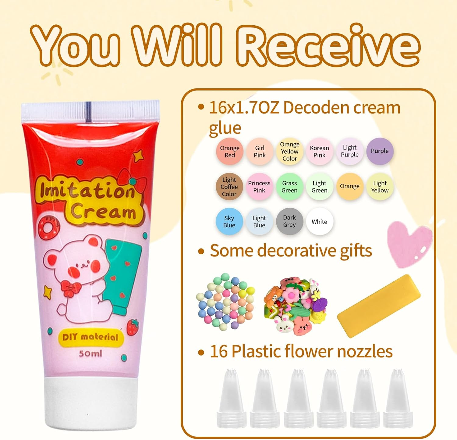 16 Colors Decoden Cream Kit, Fake Whipped Cream Glue Clay, Decoden Phone Case Kit, Suitable for DIY Crafts and Phone Case Accessories Decoration