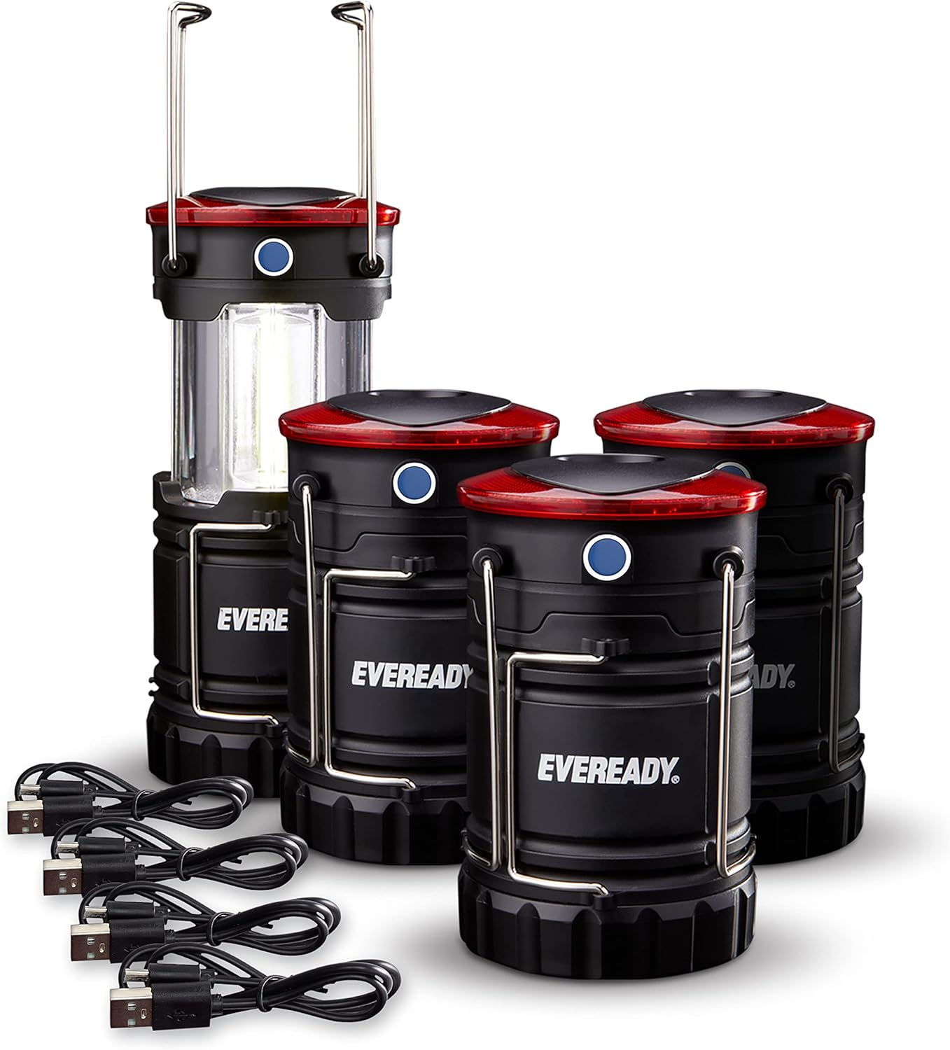 Eveready LED Camping Lanterns (4-Pack), Hybrid Power Rechargeable Collapsible Lantern Flashlights, Ultra Bright Tent Lights for Outdoors, Camping, Fishing, Emergency Black , One Size