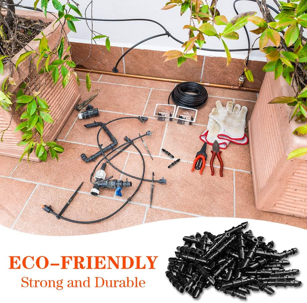 JOYPRO 100 Pieces Drip Irrigation 1/4" Barbed Coupling Fittings, Barbed Connectors for 1/4 Inch Irrigation Tubing, Drip Line Coupler for Drip Sprinkler Garden Lawn Systems - 25P Locked Nozzles-Or image number 2