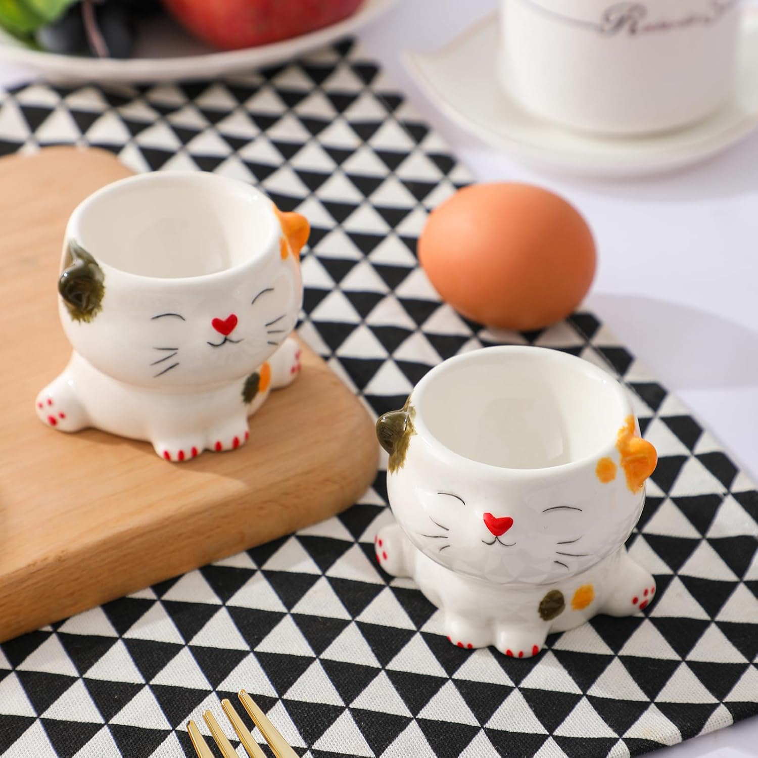 WW STYLE Egg Cups Set of 2, High-Quality Ceramic, Cute Cat Design, Porcelain, Egg Holder, Tableware Decoration, Gift, Christmas, Birthday, Family, Friends, Children image number 5