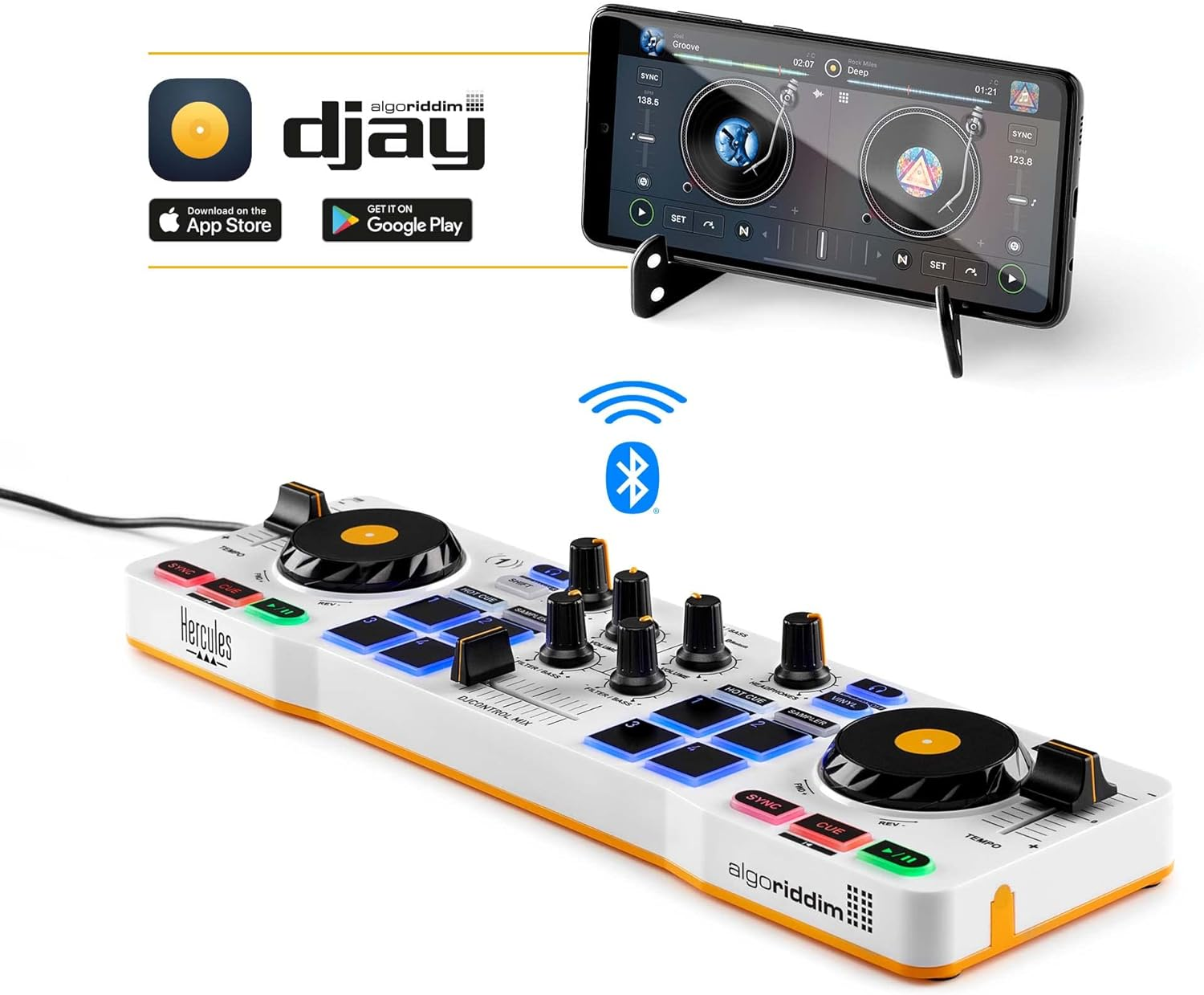 Hercules Djcontrol Mix &ndash; Bluetooth Wireless DJ Controller for Smartphones (Ios and Android) &ndash; Djay App &ndash; 2 Decks, White image number 2