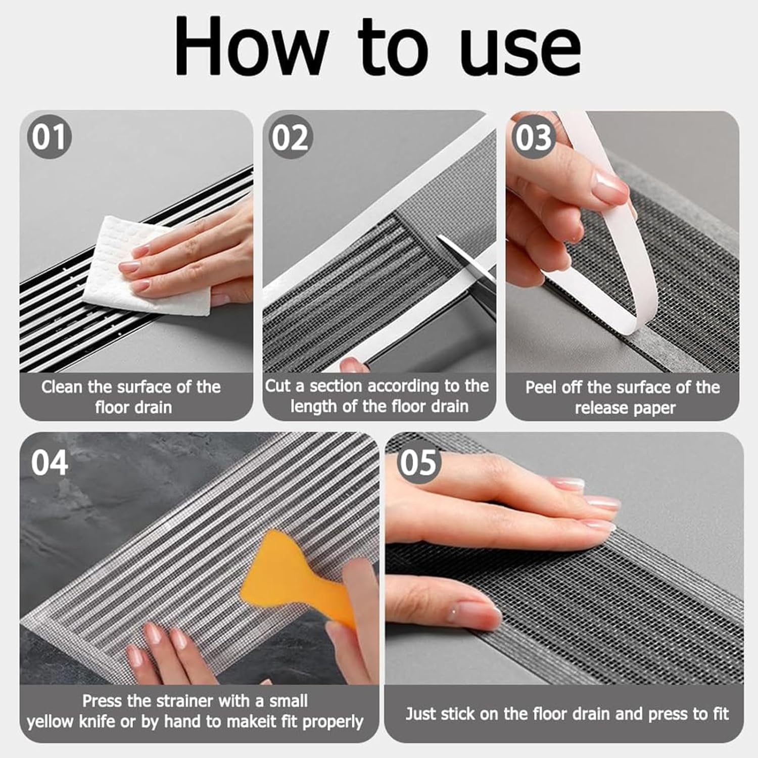 Nlvnmv 3 Pack Disposable Shower Drain Hair Catcher Stickers, Self-Adhesive Mesh Drain Covers with Cleaning Shovel for Bathroom, Kitchen, or Linear Floor Drains (10Cm X 10M/3.93In X 393.7In) image number 1