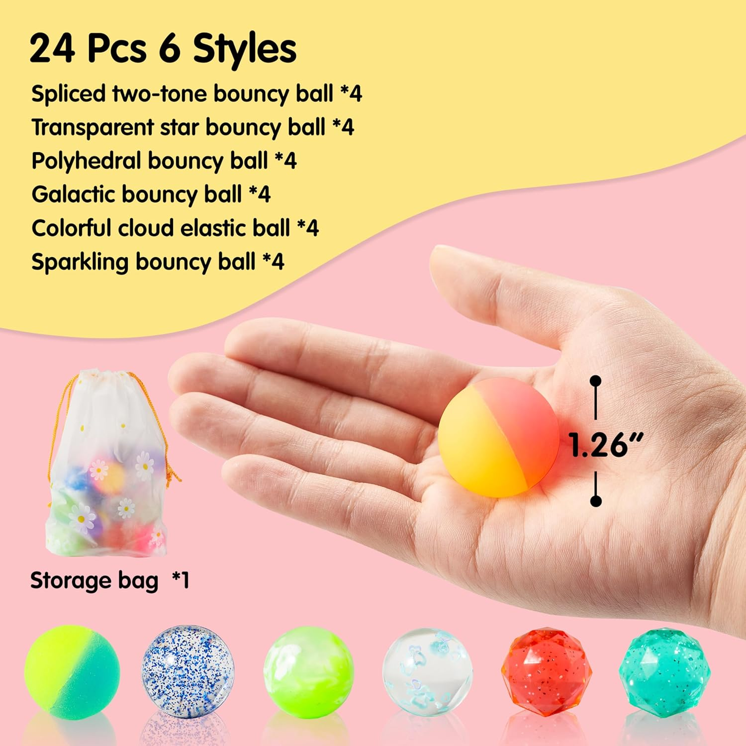 JOYIN 24 PCS Bouncy Balls, 6 Styles 32Mm Assorted Bouncy Balls Bulk with Storage Bag, High Bouncing Toys for Kids Party Favors Birthdays Gifts Goodie Bags Stuffers image number 5