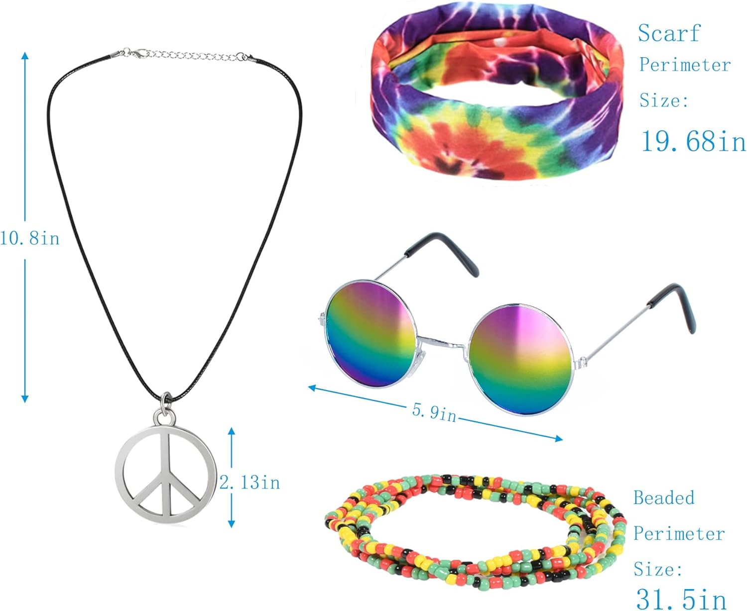 Hippie Costume for Men Momen 60S 70S Colorful T-Shirt 5 PCS Accessories Set for Theme Party image number 2