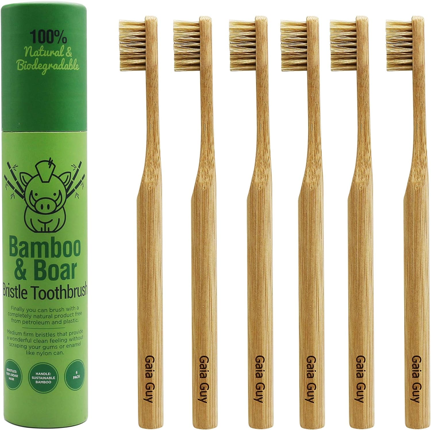 Gaia Guy Natural Bristle Bamboo Toothbrush (NO Nylon - Boar Hair ONLY) - Totally Compostable & Biodegradable Boar Bristle and Bamboo Toothbrushes - Zero Waste - 6-Pack image number 5