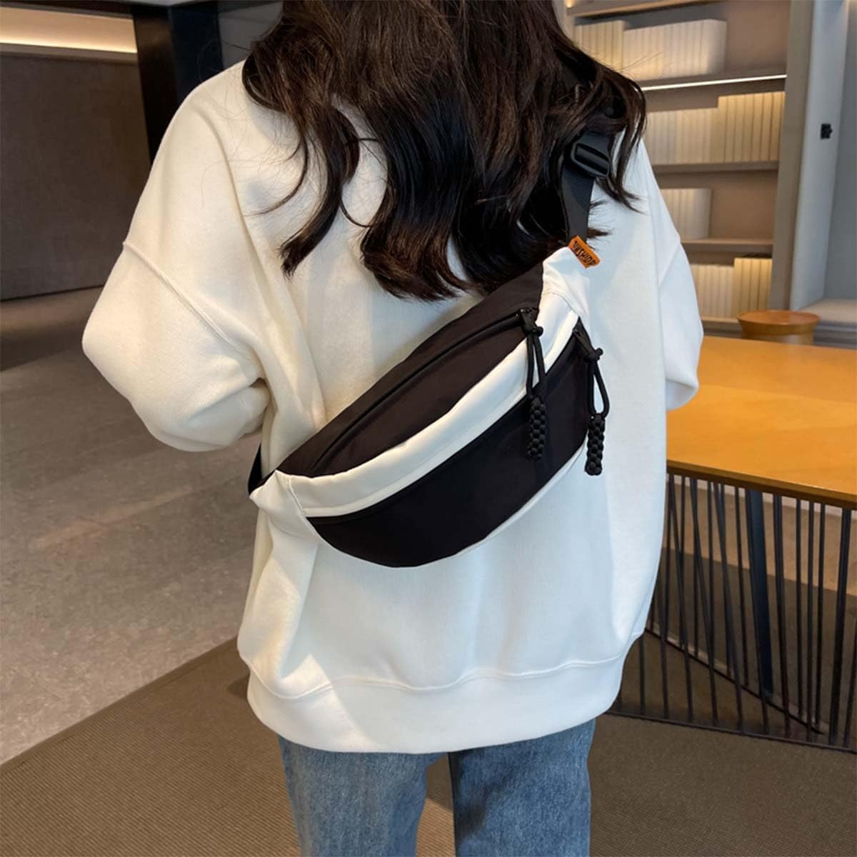 Men and Women'S Oxford Belt Bags Shoulder Bag with Adjustable Shoulder Strap and Zipper Pockets for School and Travel-Black image number 2