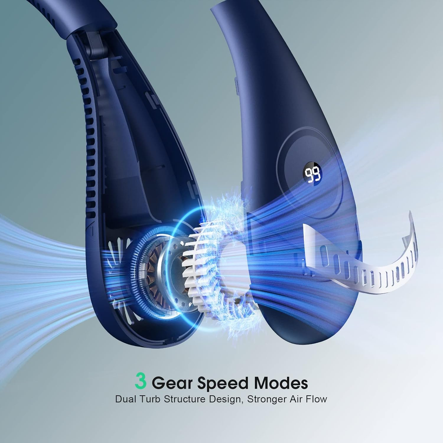 Neck Fan, 5000Mah LED Display Foldable Fans Portable Rechargeable, 3 Speeds Adjustment 360&deg; Cooling Airflow, Hands Free Personal USB Powered, Fan for Travel Outdoor, Upgraded Blue (FS05)