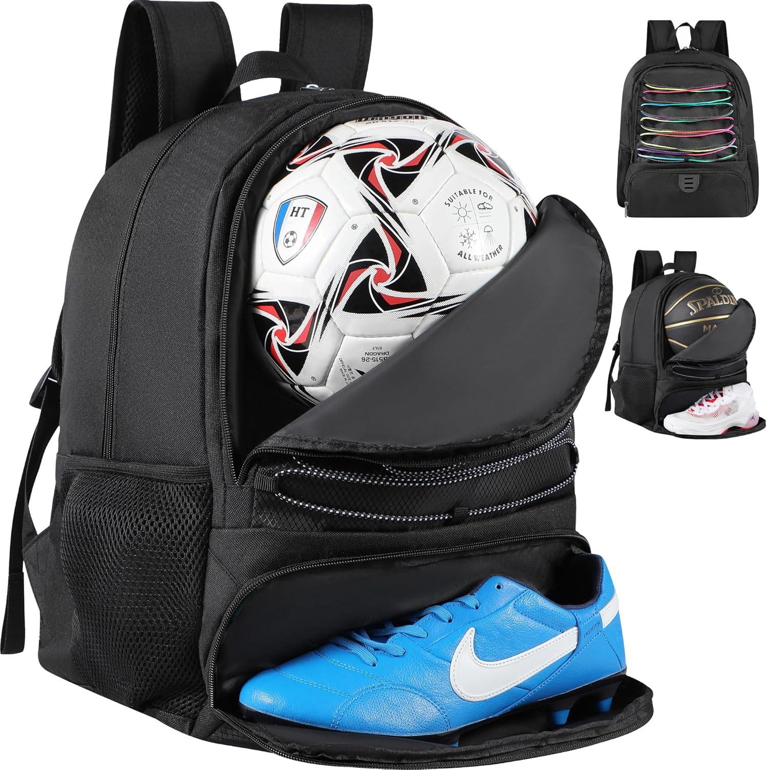 TRAILKICKER Mesh Black Basketball Soccer Bag Backpack Sports Volleyball Football Bag with Ball and Shoe Compartment for Boys Girls Man Women Ball Equipment Bag All Sports Venue