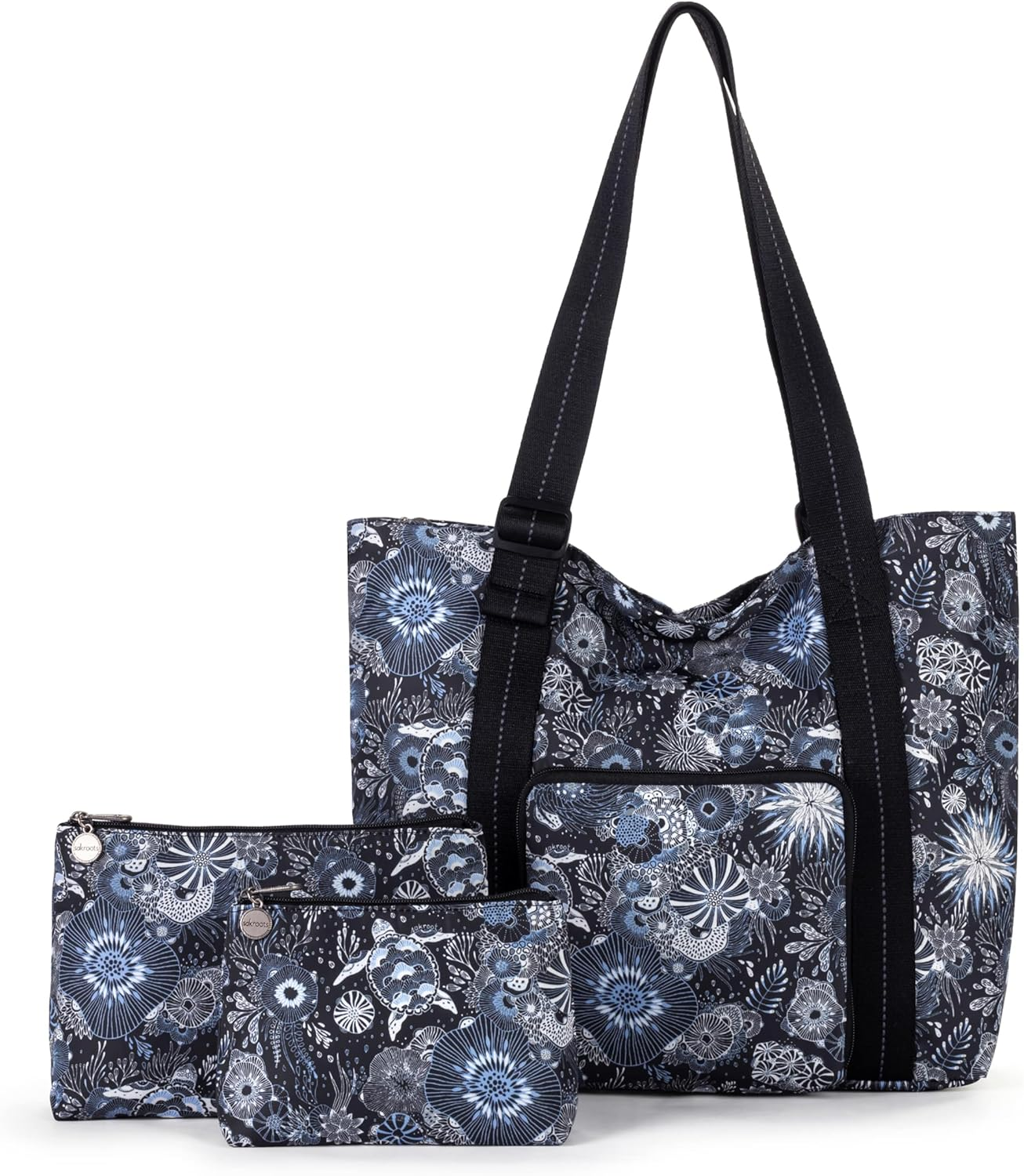 Sakroots on the Go 4 Piece Travel Bundle, Includes 21" Rolling Suitcase, Packable Large Tote, Medium & Small Pouches, Midnight Seascape - Royal Blue Seascape image number 3