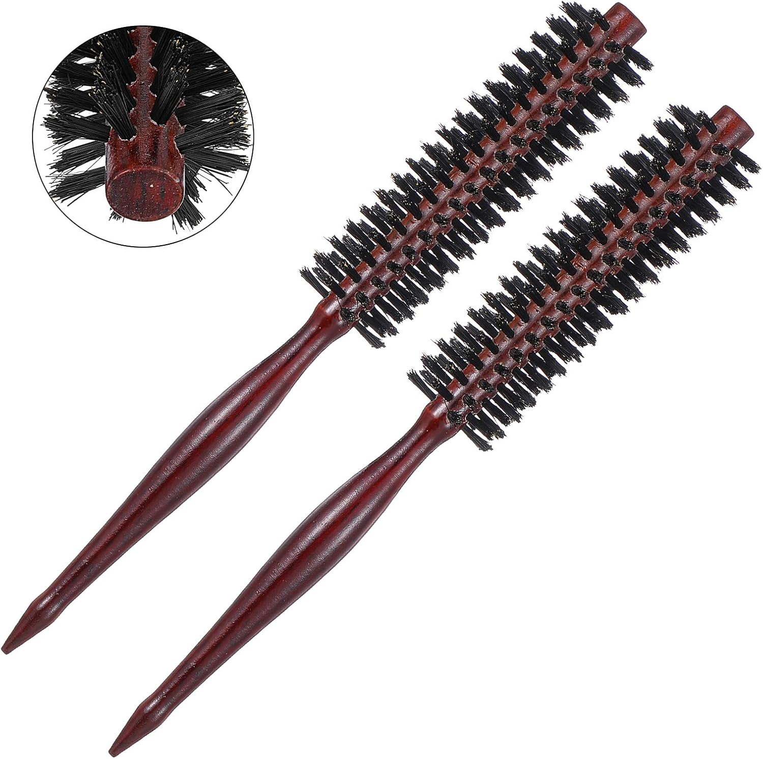 Wanmu 2 Pcs Boar Bristle Hair Brush, Small Natural Bristles round Brushes Roller Beard Hairbrush with Wood Handle for Women Men Blow Drying, Styling, Thin or Short Hair, Restore Shine image number 2