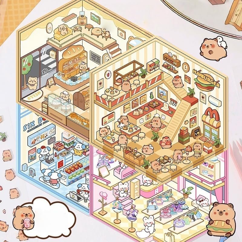 20 Sets DIY 3D Stickers Scene,Fun DIY House Stickers for Adults and Kids to Relieve Stress Pass the Time Bear Bakery,Restaurant,Convenience Store,Amusement Park,Teahouse image number 1