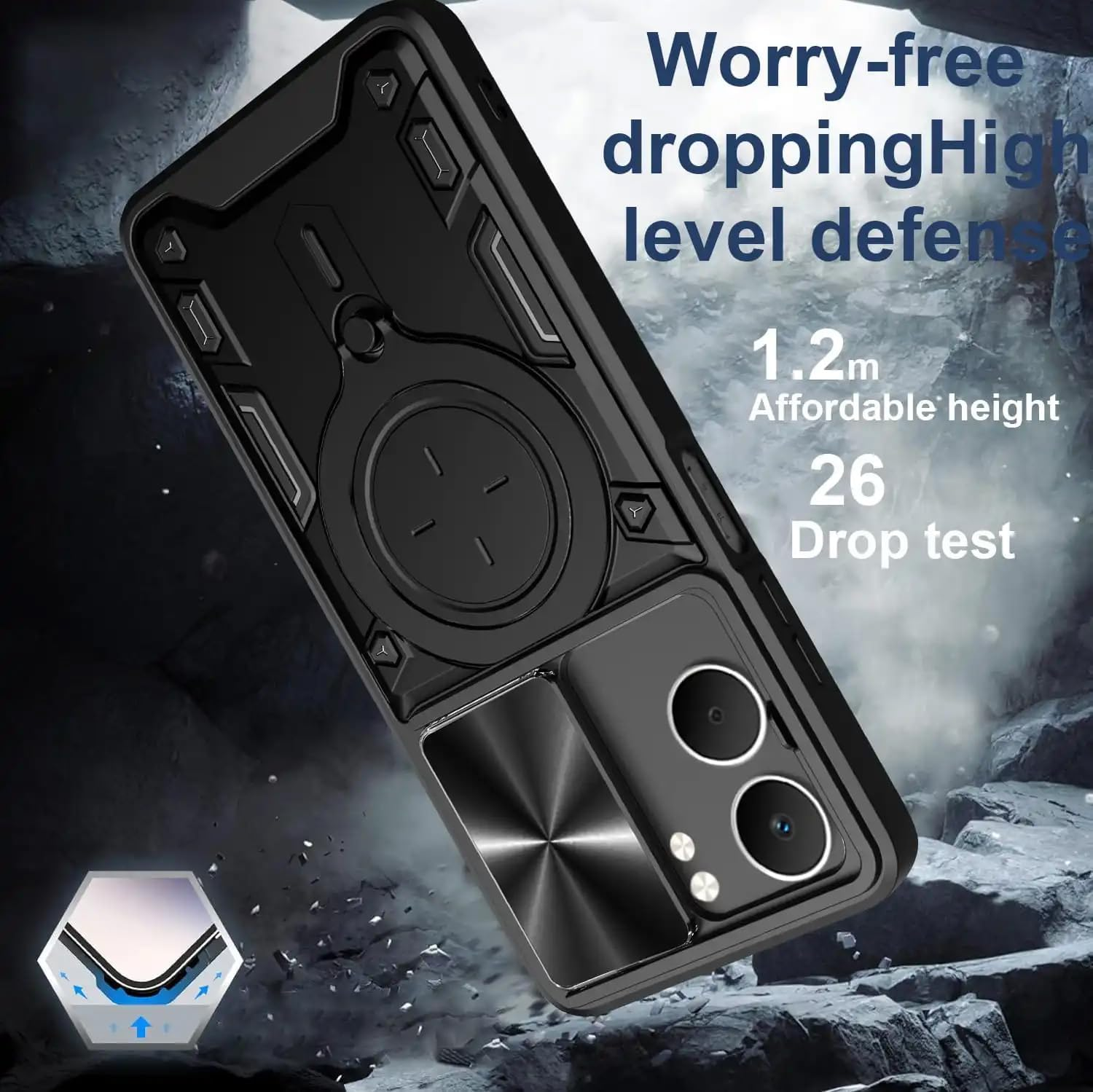 FORZARMOR for Oppo A5X 4G (6.67 Inch) Case Shockproof with Back Camera Slide Window Cover, Ring Kickstand Armor Military Rugged Cover (For A5X,Blue)