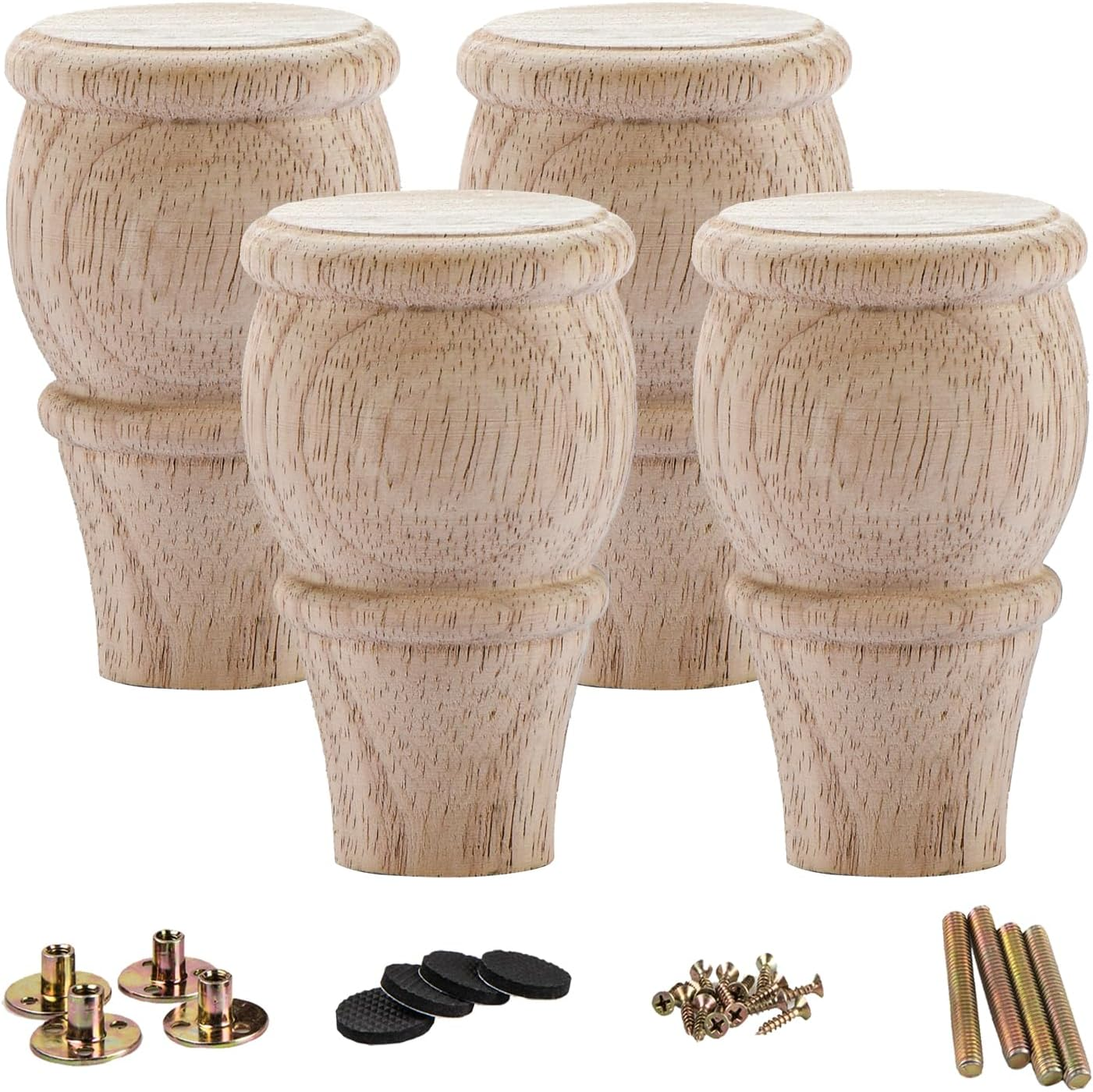 6 Inch / 15Cm Wooden Furniture Legs, La Vane Set of 4 Solid Wood Carved Geometry Unfinished Replacement Bun Feet with Mounting Plate & Screws for Sofa Cabinet Couch Table TV Stand image number 1