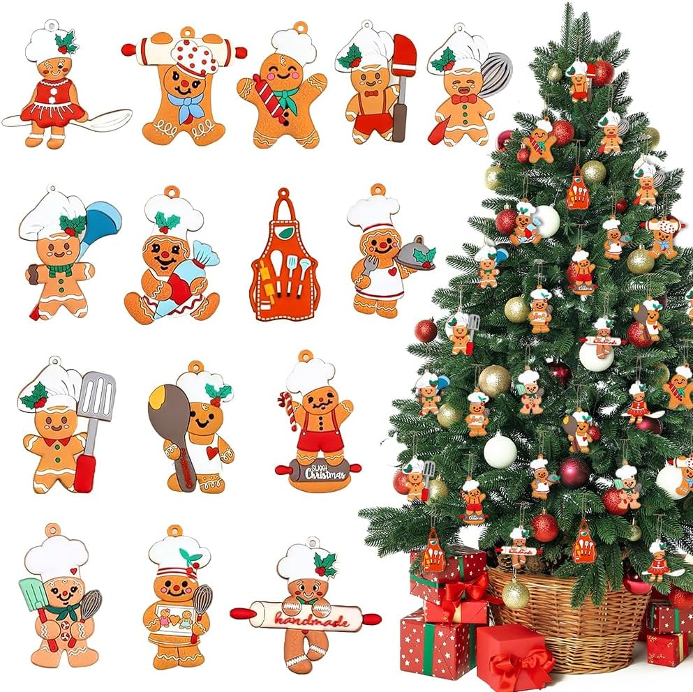 AUTOWT 30Pcs Wooden Gingerbread Christmas Ornaments Set, Assorted Ginger Man Hanging Decorations with Strings, Snowman Xmas Tree Hanging Figurine for Christmas Festive Season Holiday Party Home Decor
