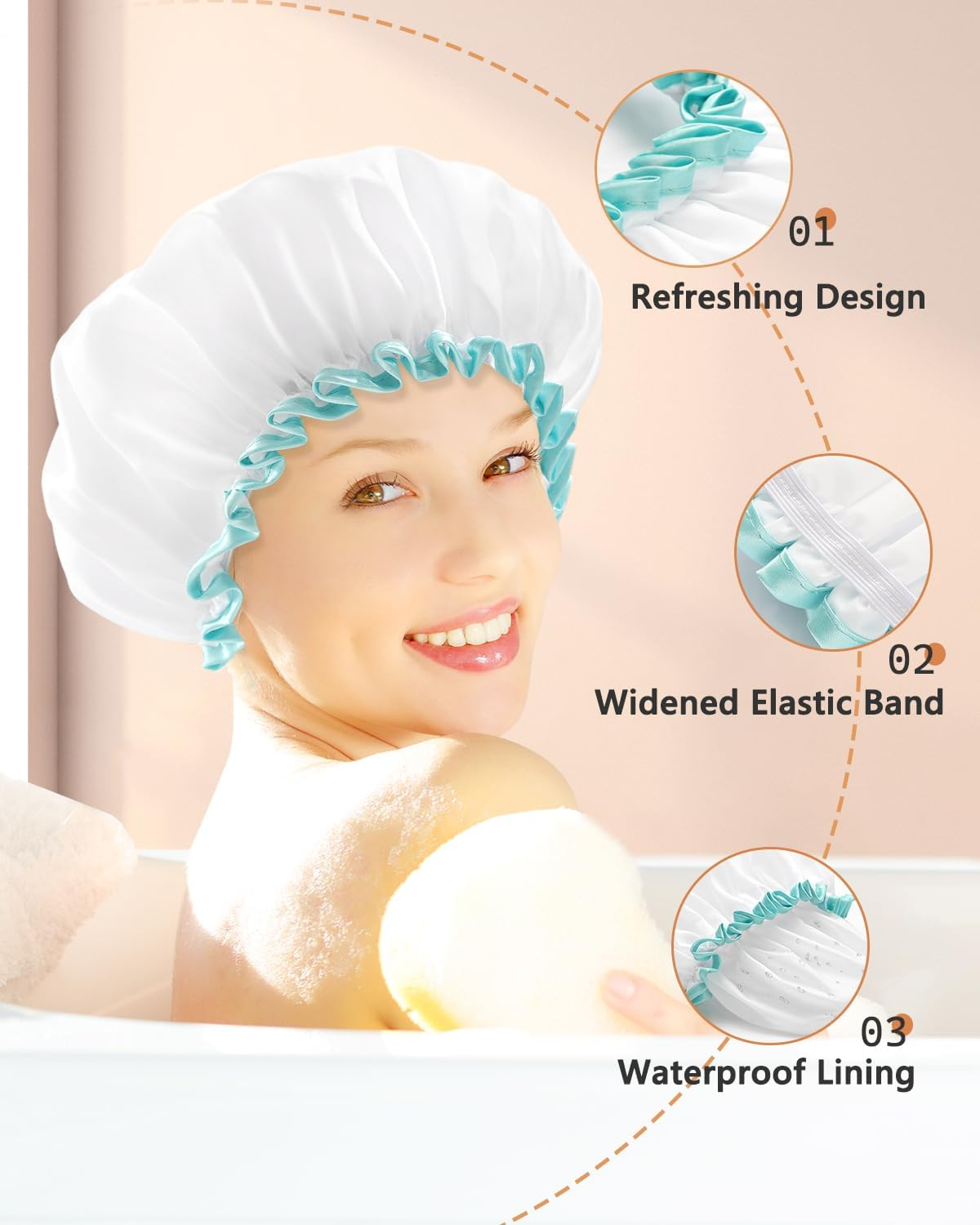 Mikimini Shower Cap for Women and Girls,Reusable,Waterproof, Washable, Cute and Soft,White image number 5