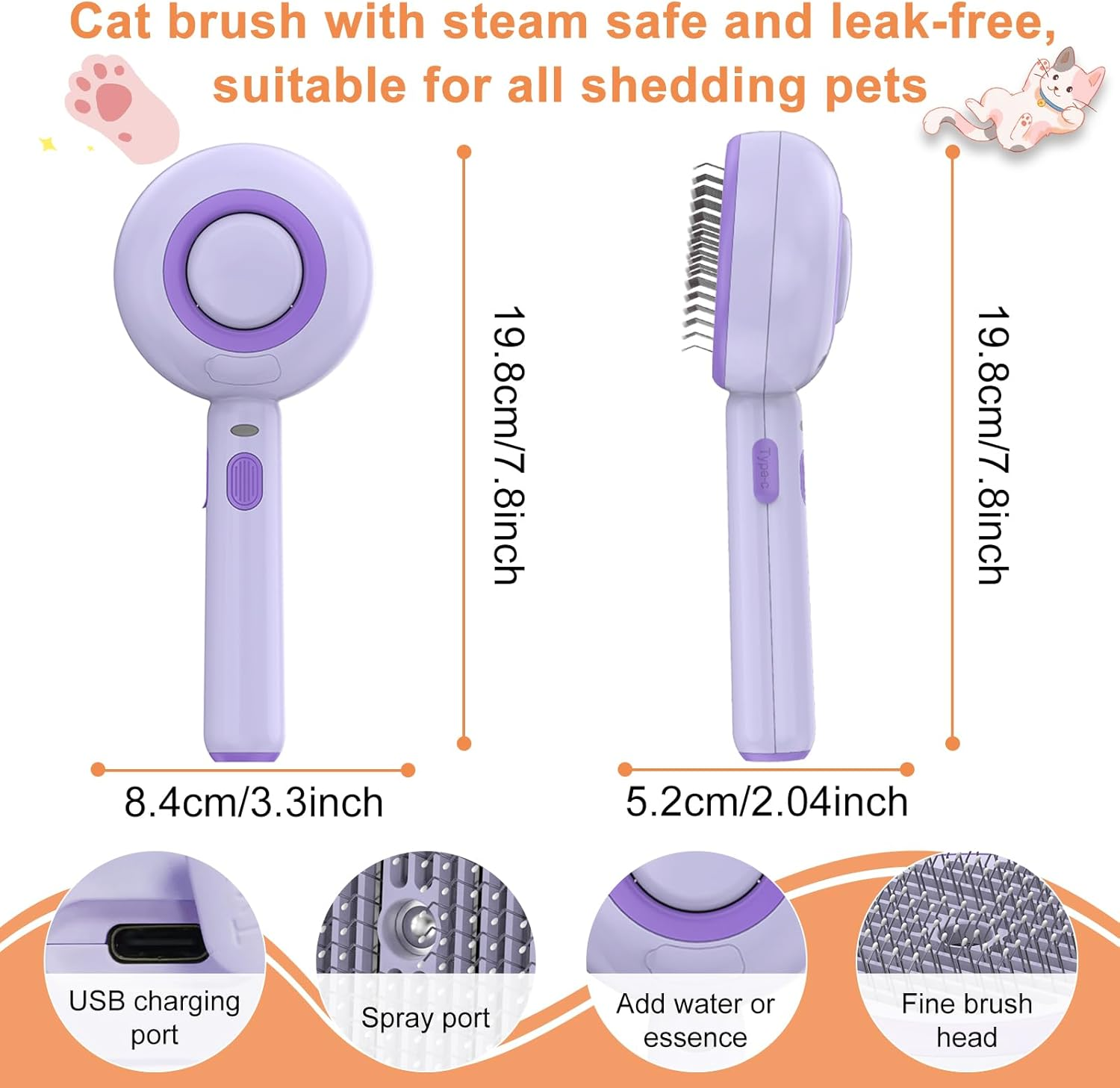 Cat Brush with Steam, 3-In-1 Steam Brush, Cat Brush with Self-Cleaning, One Button with Water Tank and Spray, anti Static Electricity and Tangle, Steamy Brush for Cats, Dogs, Purple image number 5