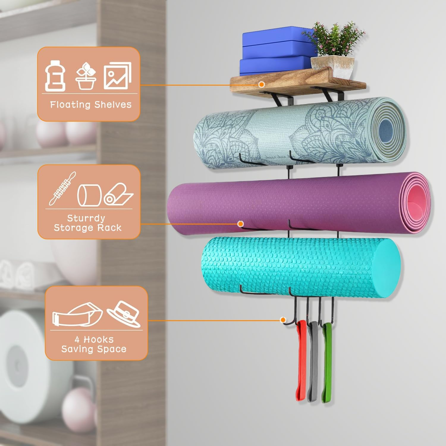 4-Tiers Wall-Mounted Yoga Mat Holder, All-In-One Organizer with Shelf & Hooks for Foam Roller, Resistance Bands | Carbonized Black