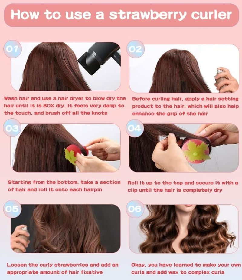 Strawberry Heatless Hair Curlers, Strawberry Heatless Curls Overnight, Strawberry Breathable Sponge Simple Curlers for Women Long Hair & Short Hair (24 Pcs,Mix) image number 2