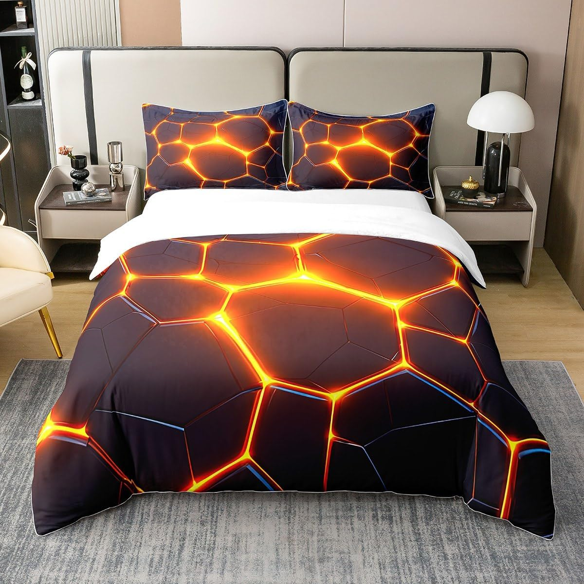 Neon Hexagon 100% Cotton Duvet Cover for Children, Geometry Print Comforter Cover 135 X 200, Black Beehive Bedding Set, Geometric Square Bed Linen Cover with 1 Pillowcase Lightweight