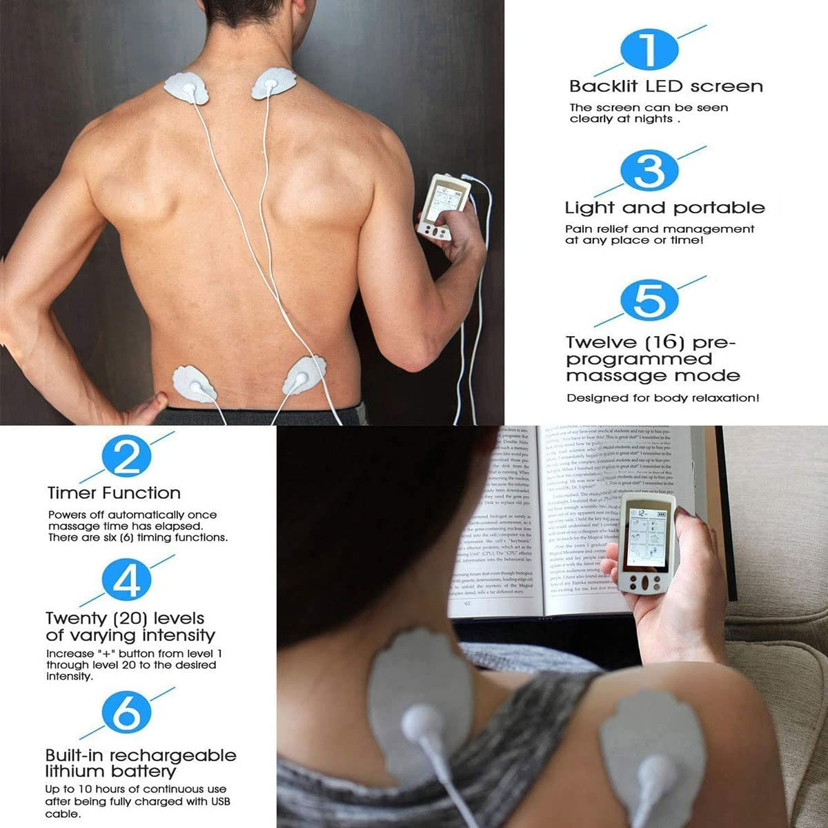 Dual Channel 16 Modes Muscle Stimulator for Pain Relief Therapy, Electronic Pulse Massager Muscle Massager with 8 Pads, Dust-Proof Drawstring Storage Bag