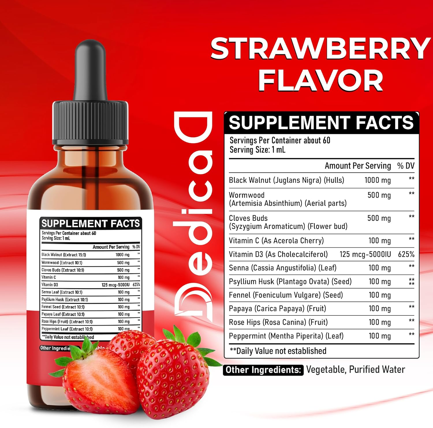 DEDICAD 11In1 Black Walnut Wormwood Cloves Liquid Drops with Vitamin C, Vitamin D3 and 6 More - 2 Oz Fl - 60 Days - Strawberry Flavor image number 1