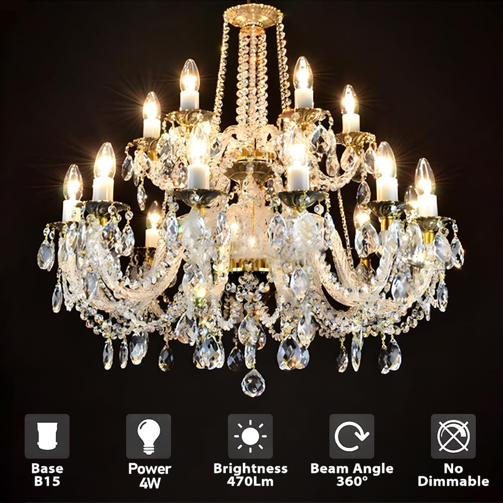 Geminilite 4W B15D Bayonet Candle LED Bulbs, Replacement for 40 Watt Candelabra Light Bulbs, SBC Small Bayonet Cap 2700K Warm White C35 470LM B15 Candle Not Dimmable Filament Chandelier 6 Pack