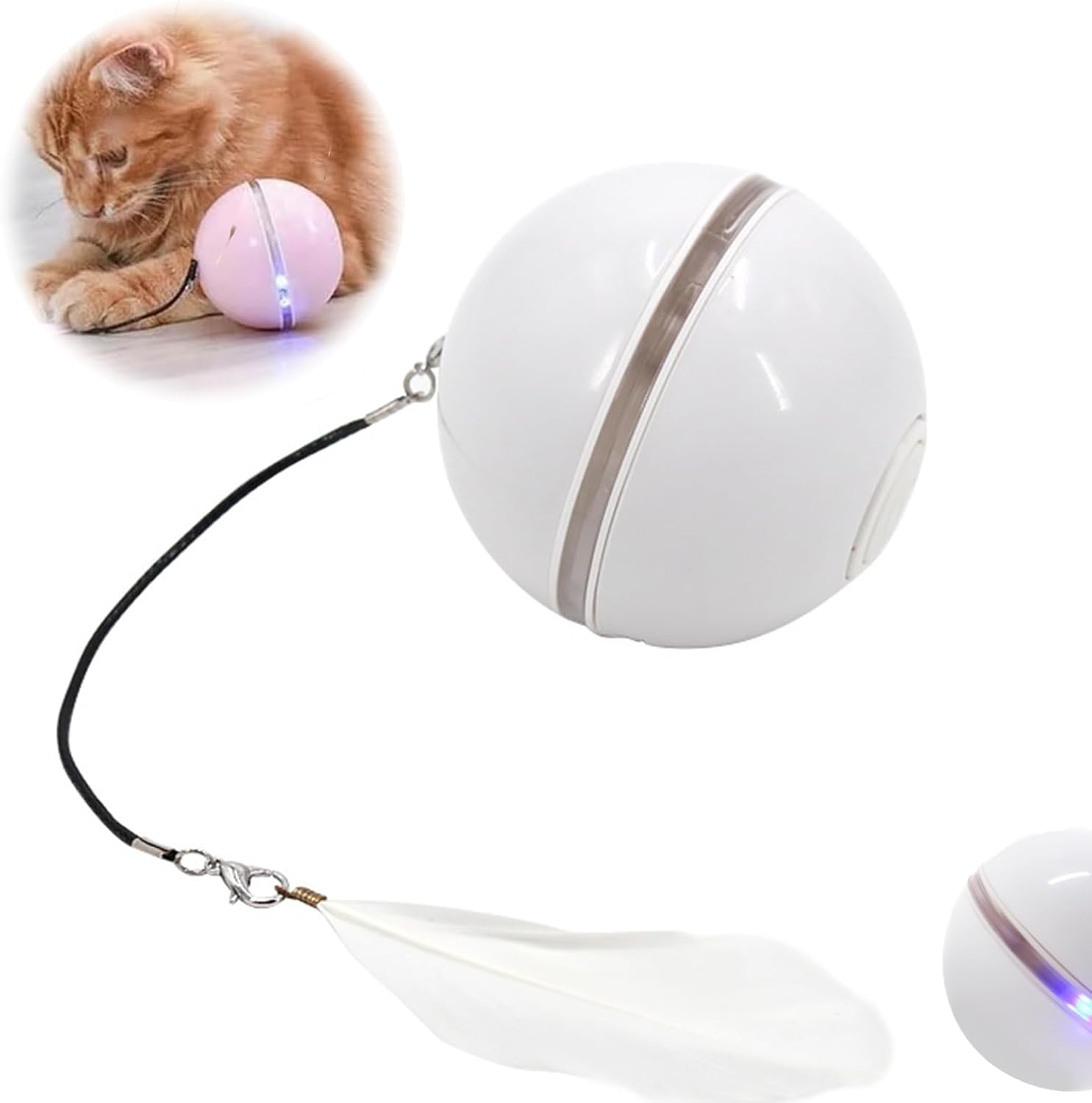 Automatic LED Intelligent Cat Ball, Automatic Rolling Ball with Feather and Lights, Rechargeable Cat Toy with Smart Sleep Mode, Smart Cat Hunting Toy, USB Charging Moving Cat Ball (White)