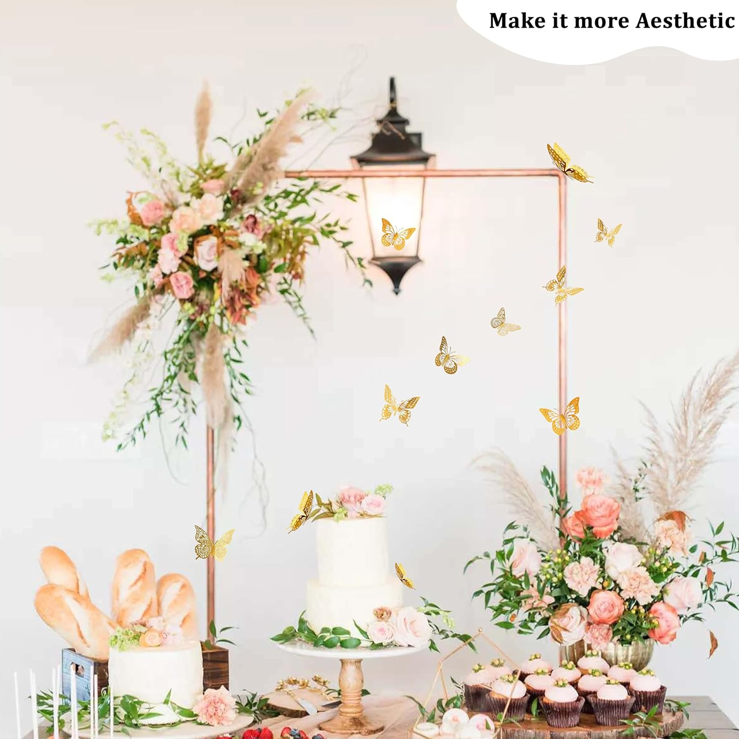 Gold 3D Butterfly Wall Decor - 48 Pcs, 4 Styles, 3 Sizes, Gold Butterfly Decorations for Birthday & Party Celebrations, Removable Stickers image number 4