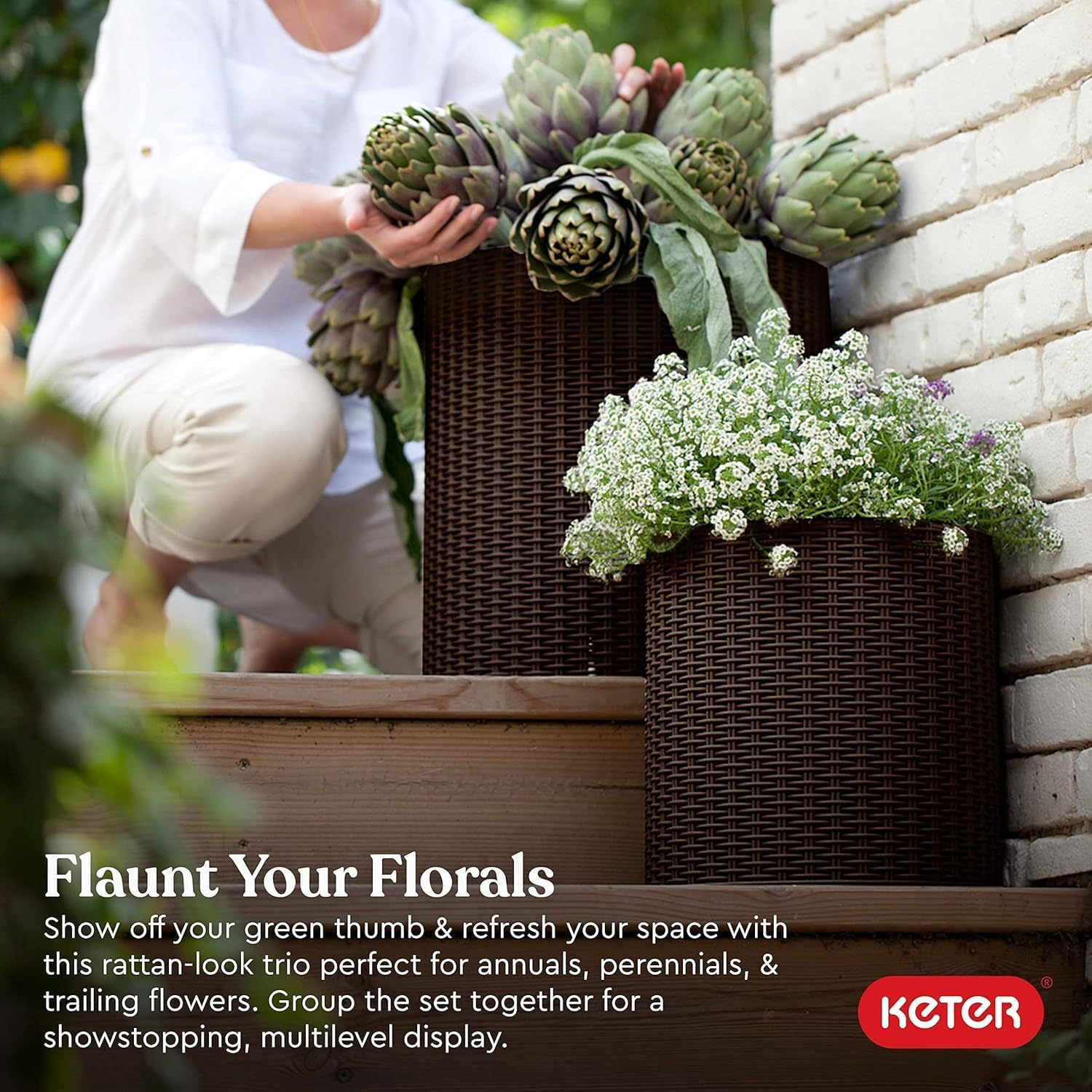 Keter Cylinder Planter, Brown, Small/Medium/Large (Pack of 3) image number 3