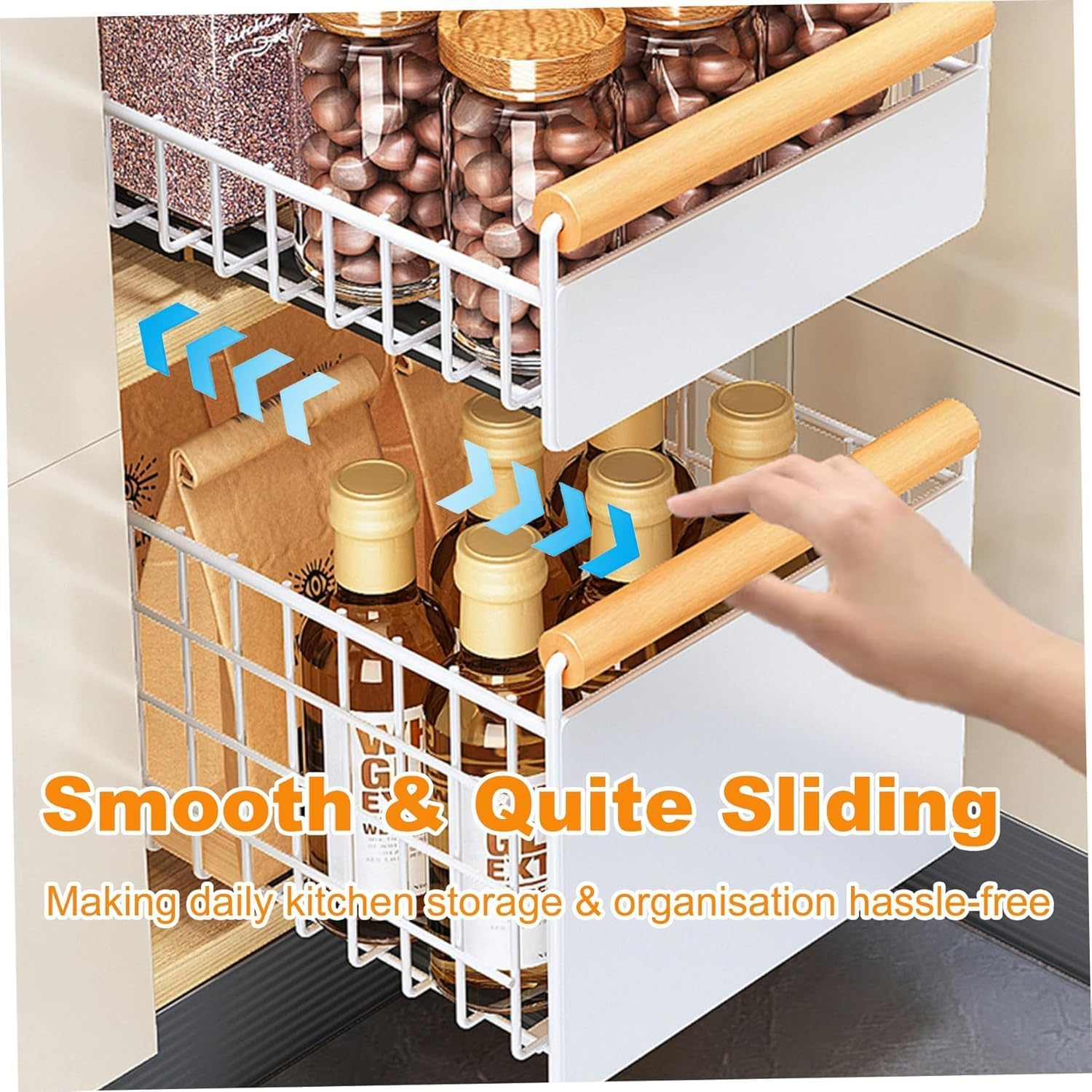 Pull Out Drawers for Cabinets, Large Pull Out Cabinet Organizer for Kitchen Storage & Organisation, Foldable Slide Out Drawer Storage for Kitchen, Pantry, Shelves (White -1Pcs) image number 3