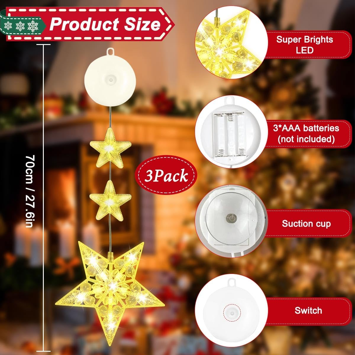 LGZIN Christmas Lights Window Indoor, Pack of 3 LED Stars Christmas Lights, Christmas Decoration Window Indoor Fairy Lights with Suction Cup, Christmas Decoration Window Illuminated Warm White For image number 5