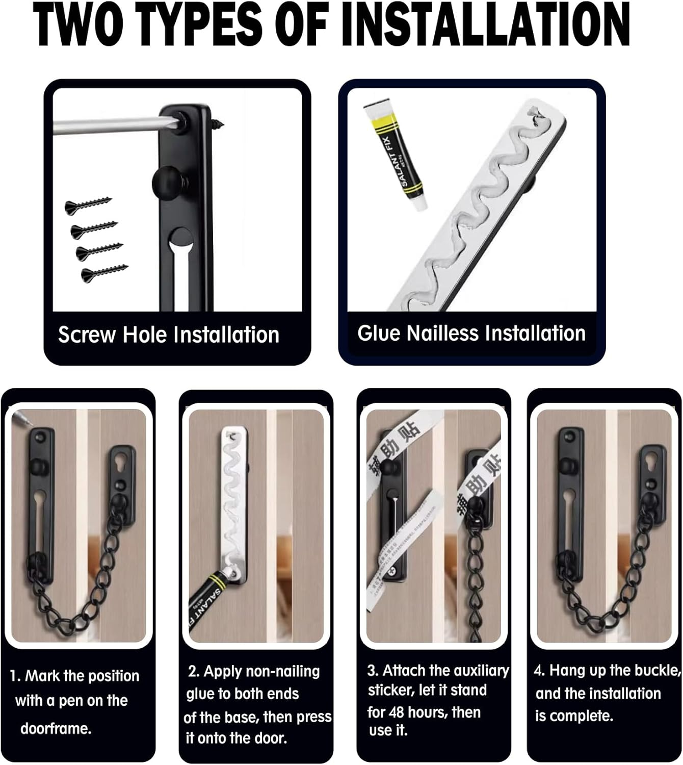 Security Door Chain Lock, Heavy - Duty Stainless Steel Door Guard with 2 Installation Methods (Screws & Glue), anti - Theft Chain for Home, Hotel, Door, Window, Drawer, Cabinet（1 Pack, Black） image number 5