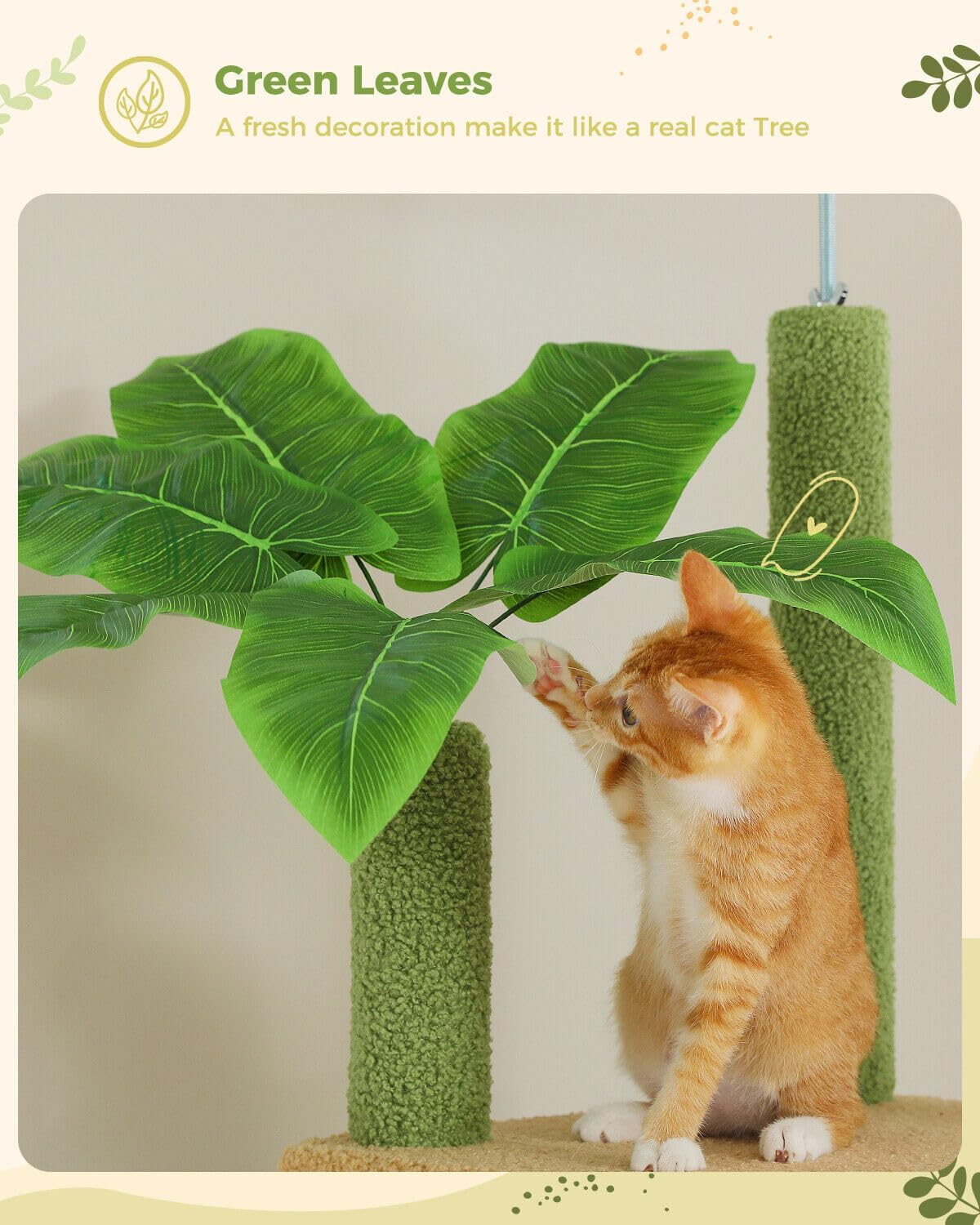 PAWZ Road Cat Tree, Floor to Ceiling Cat Tower Height Adjustable(230-252Cm), Cactus Cat Climbing Tree with Cat Condo, Cozy Hammock and Cat Scratching Posts for Indoor Large Cats, Green image number 4