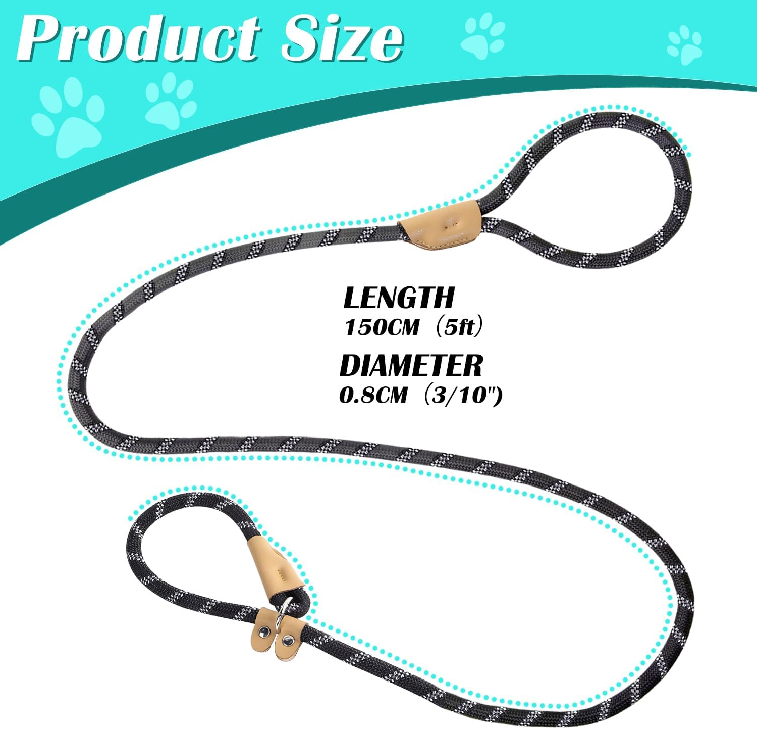 Slip Lead for Dogs - 1.5M X 0.8Cm Nylon Leash with Slip Collar, Long Training Rope for Medium Dogs, Heavy Duty Everyday & Training Lead (Black)
