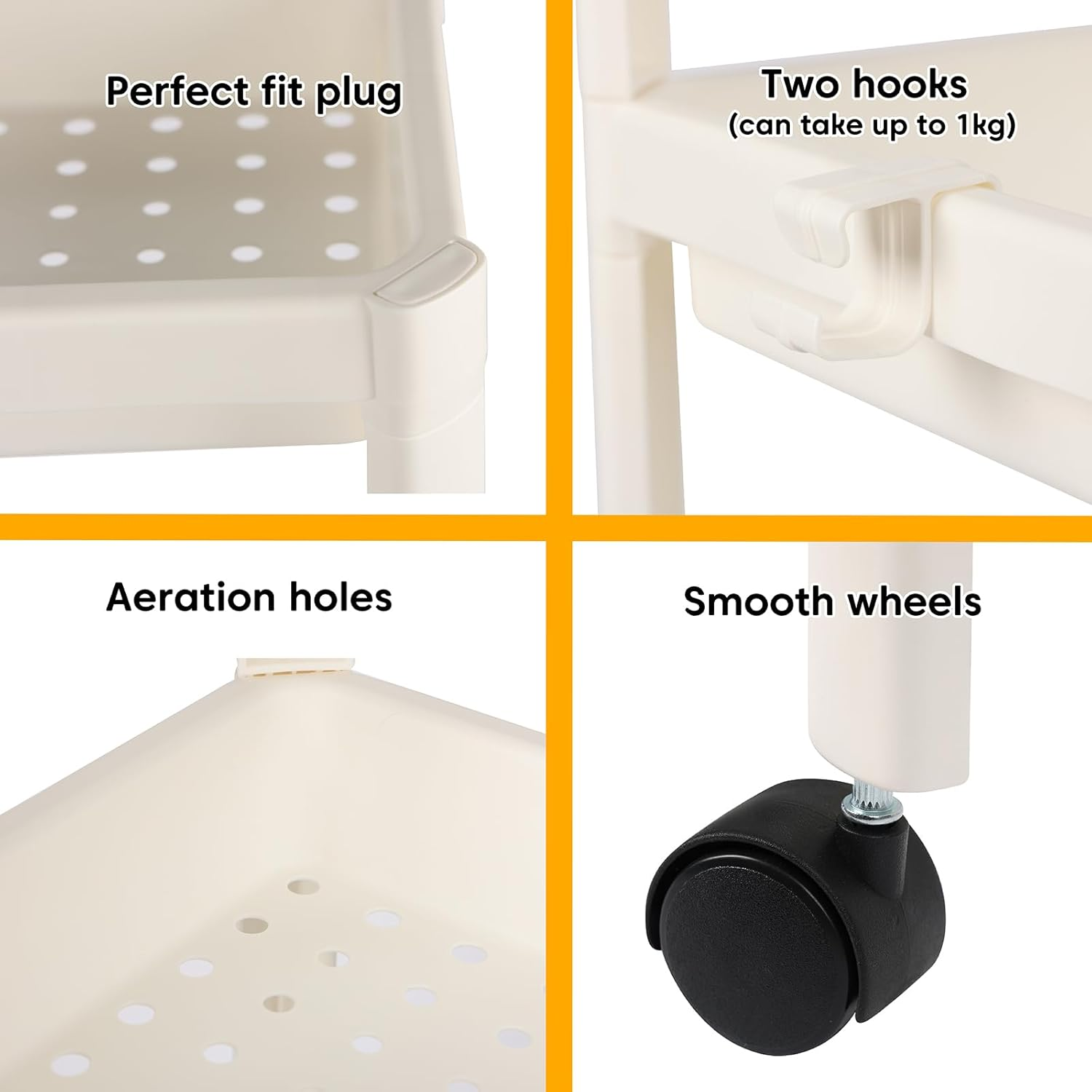 Okam 3-Tier Slim Storage Trolley Cart - Slimline Bathroom and Kitchen Storage Unit with Hooks, Aeration Holes, Smooth Wheels, Perfect for Narrow Gaps, White. Stands 75Cm Tall Narrow Storage Unit image number 5