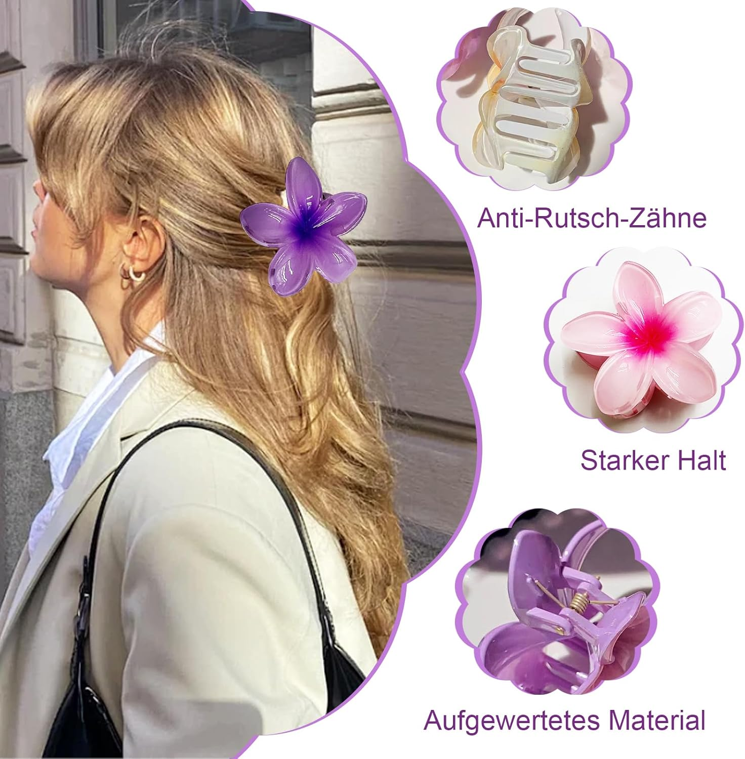 Flower Hair Clips, Pack of 8 Flower Hair Clips, Hawaiian Flower Claw Clips, Large Hair Clips, Non-Slip Flower Hair Clips for Women, Girls, Gifts (8 Colours) image number 3