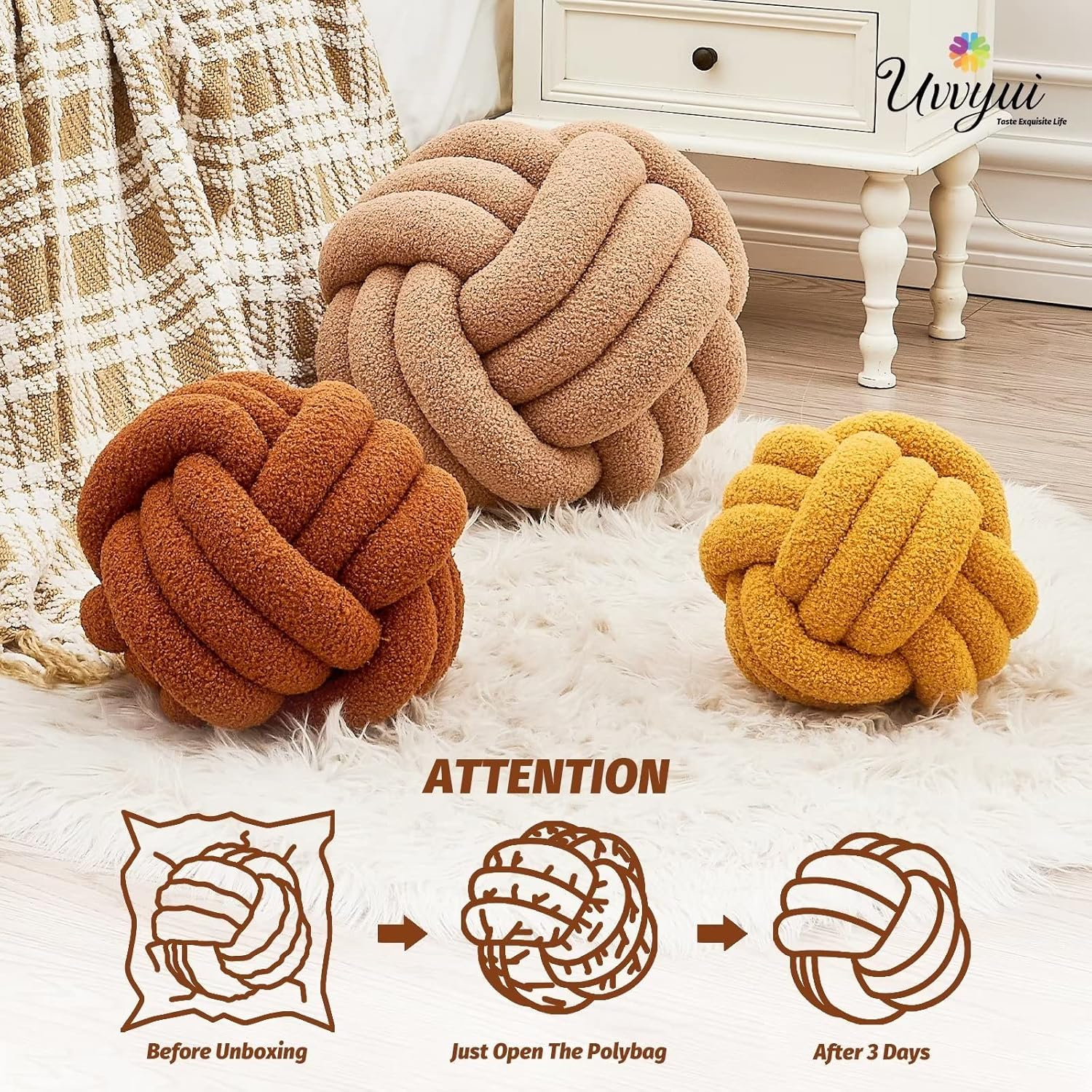 Uvvyui Knot Pillow Ball, Soft Home Decorative Pillows, round Throw Pillow, Handmade Knotted Plush Pillow, round Boucle Pillow Cushion (8.6 Inches Caramel) image number 2