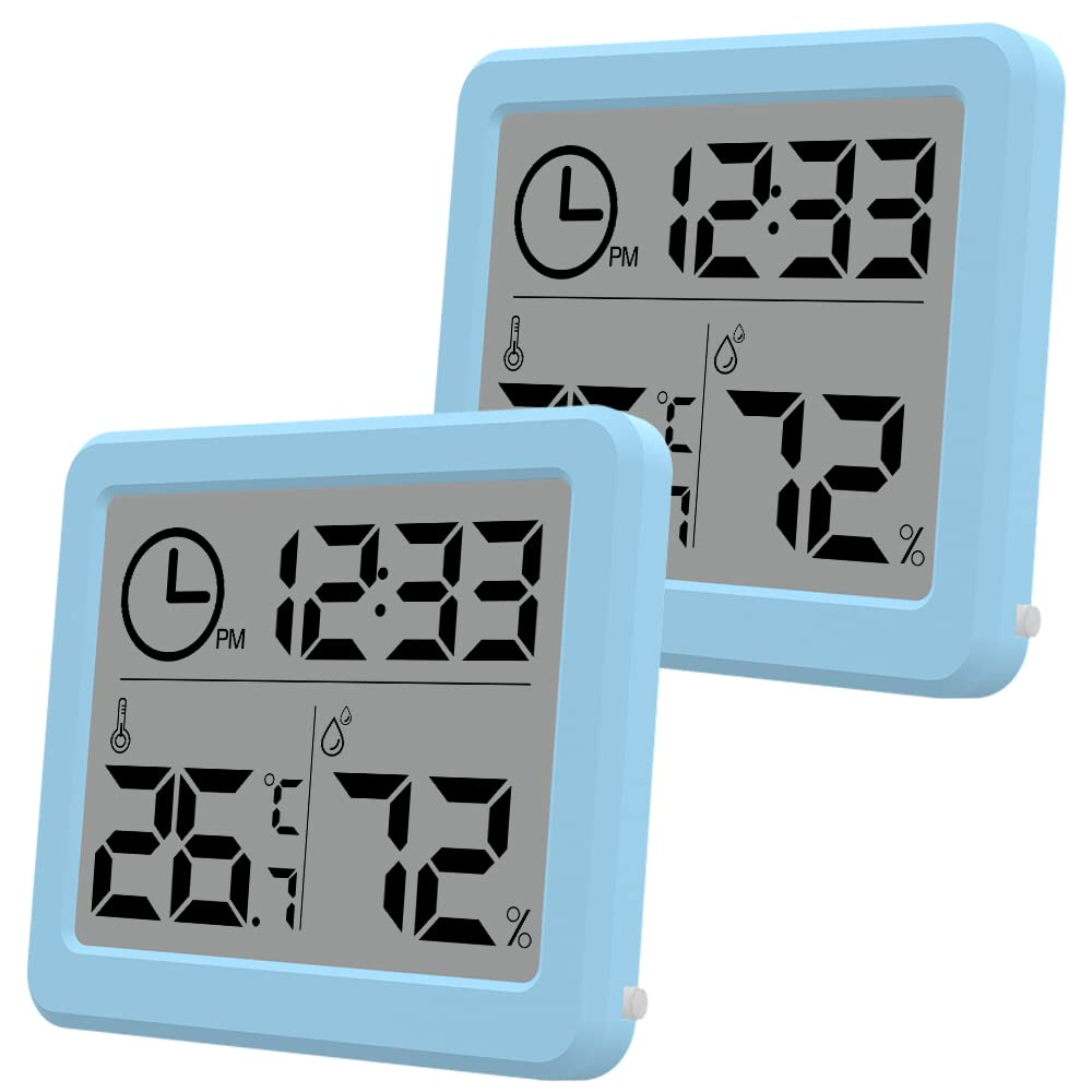 [2 Pack] 3.2 Inch Digital Indoor Hygrometer Thermometer, Room Thermometer Humidity Gauge with Time Clock, High Accuracy Temperature Humidity Monitor with Magnet for Home Office Greenhouse, Blue image number 5