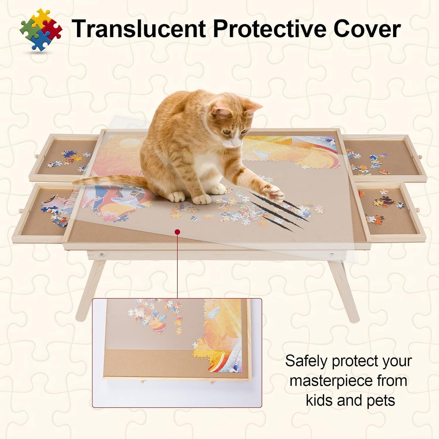 Quintin Puzzle Board 1500 Pieces Jigsaw Puzzle Table with 4 Drawers and Transparent Cover, 89X 68Cm Portable and Sturdy Puzzle Board Game Table with Folding Legs for Adults