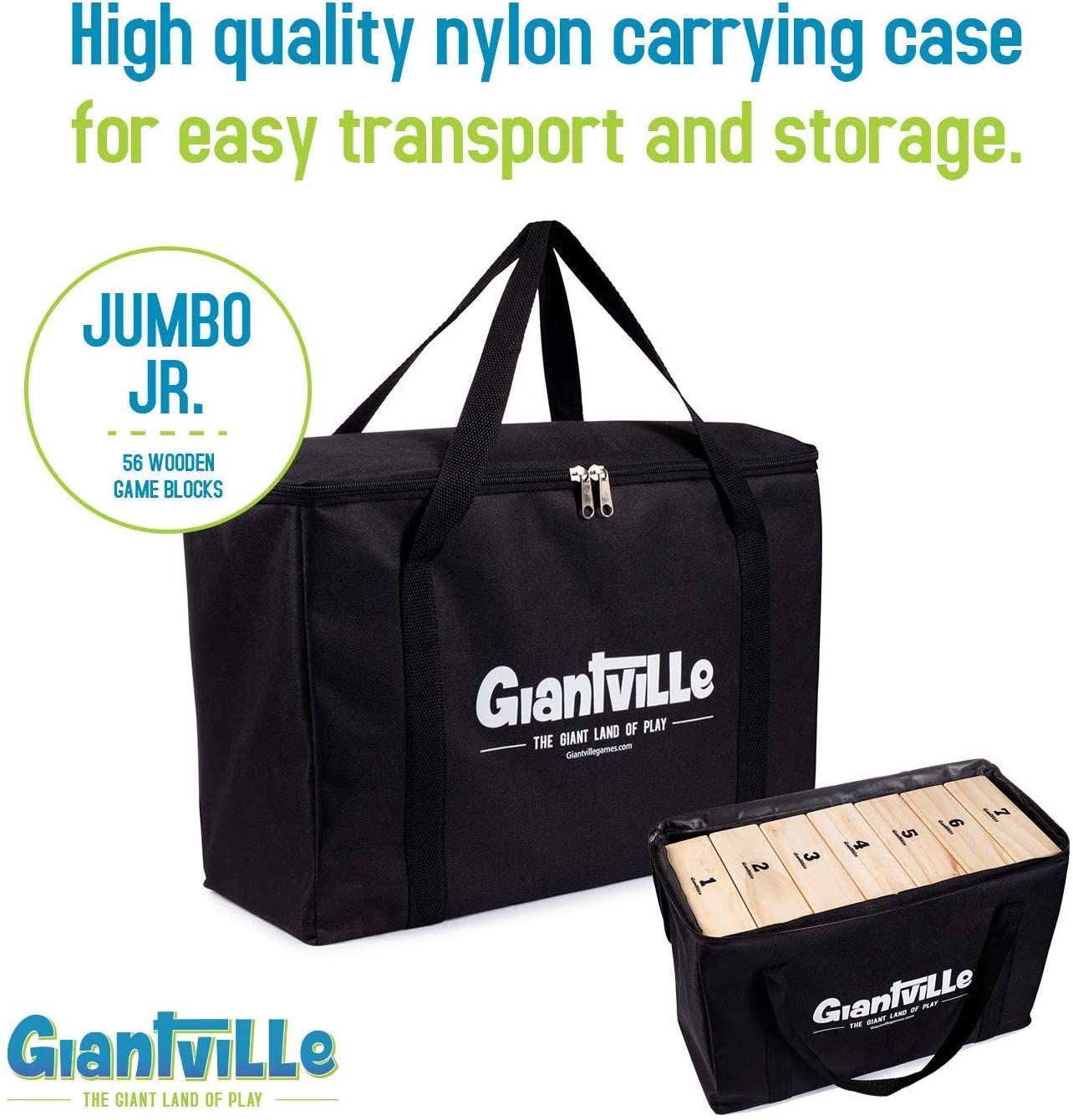 Giant Tumbling Timber Toy - Jumbo JR. Wooden Blocks Floor Game for Kids and Adults, 56 Pieces, Premium Pine Wood, Carry Bag - Grows to over 5-Feet While Playing, Life Size image number 1